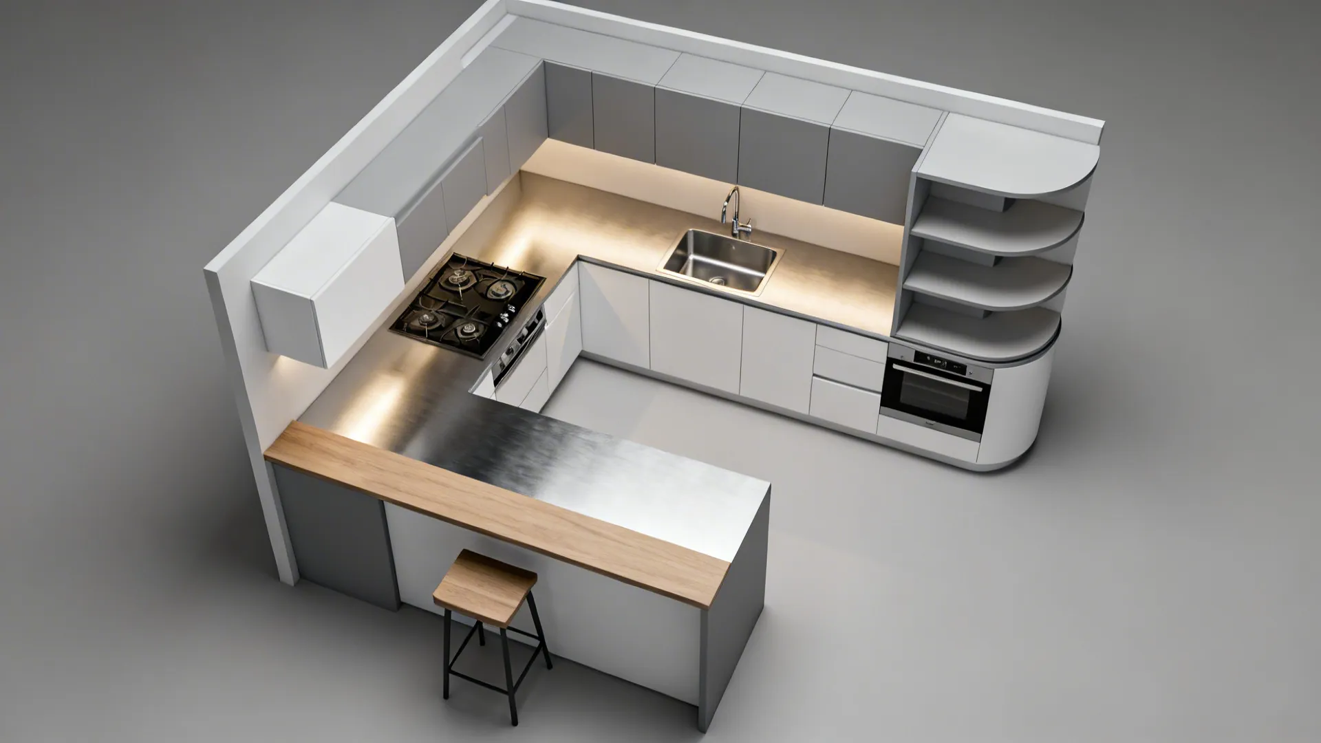 Top-down view of an L-shaped micro kitchen layout showing a continuous 120 cm prep zone and corner storage.