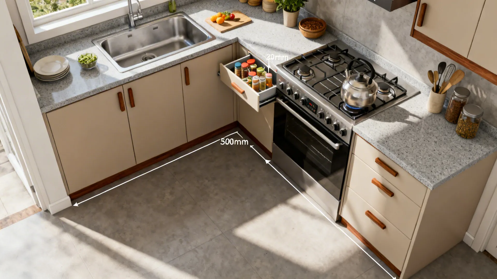 L-shaped compact workflow with a 900 mm turning radius