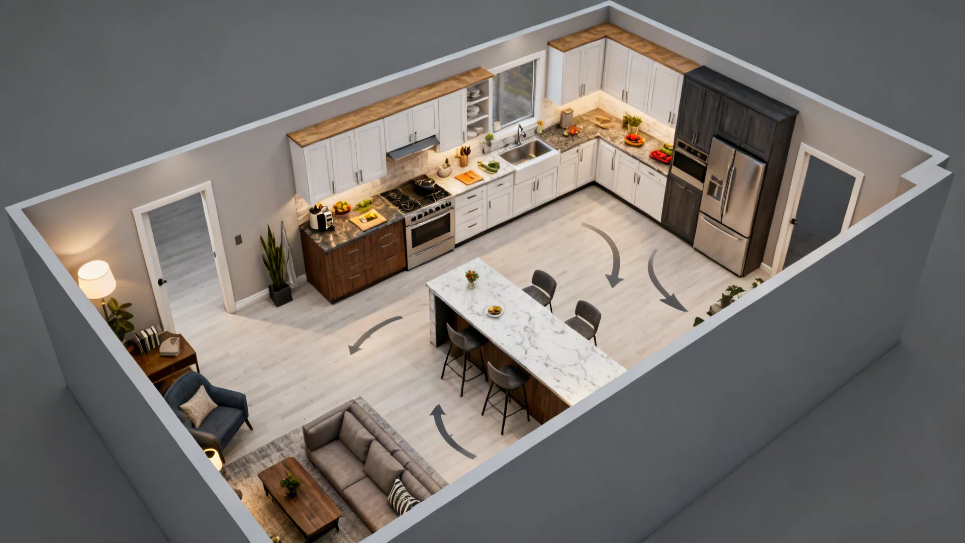 Top-down view of an L-shaped open kitchen showing prep, cook, and wash zones and circulation.
