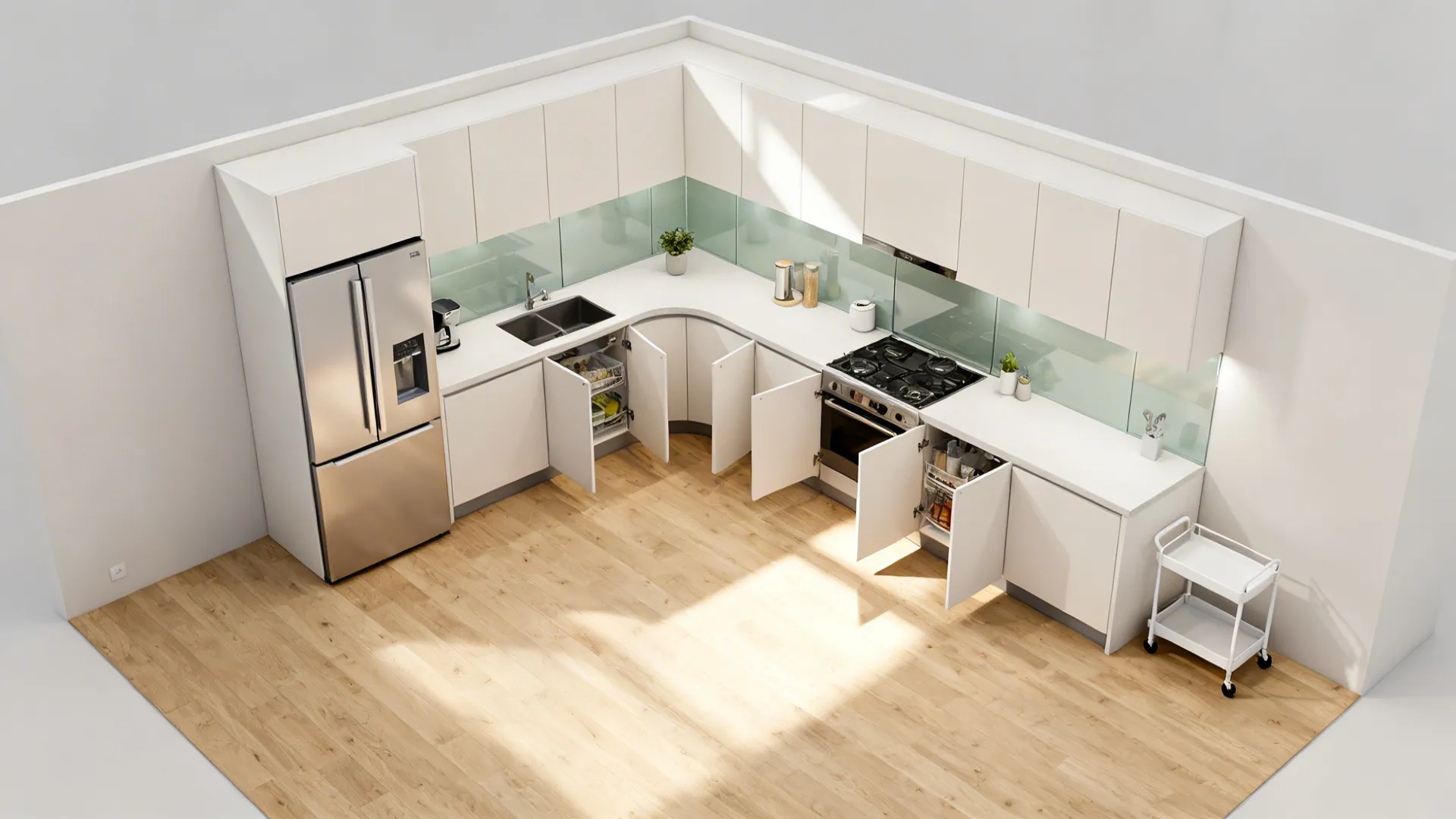 Top-down view of an L-shaped small kitchen with a long prep run and clear circulation.