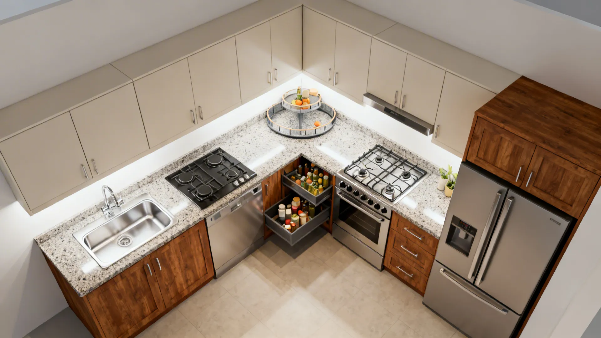 Top-down view of an L-shaped compact kitchen with corner carousel, spice pull-outs, and a tall pantry.
