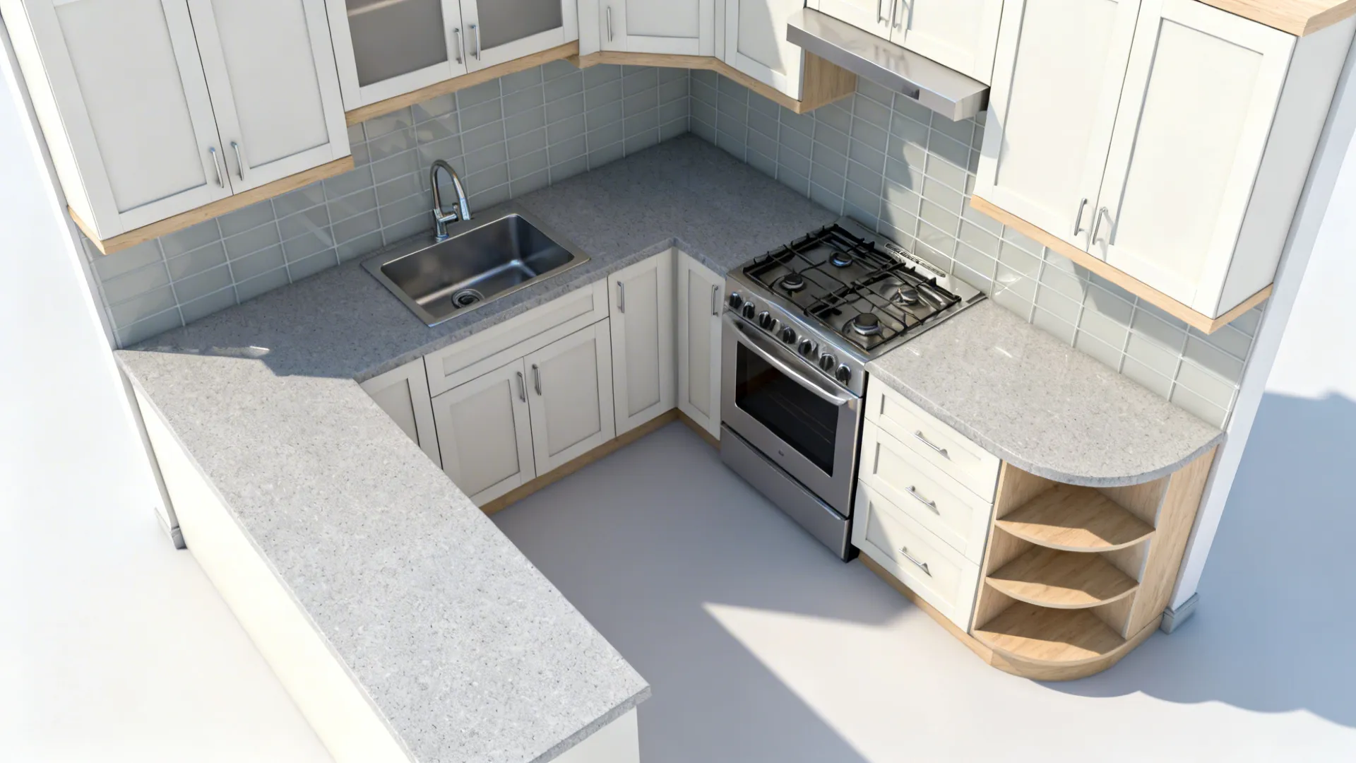 Top-down view of a compact L-shaped kitchen with defined prep, sink, and cook zones and a corner organizer.