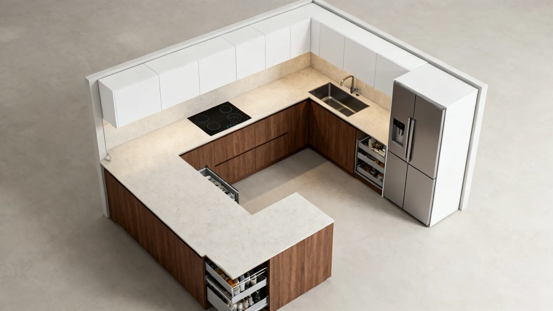 Interior design drawing of kitchen layout with white upper cabinets, wood lower cabinets, and fridge