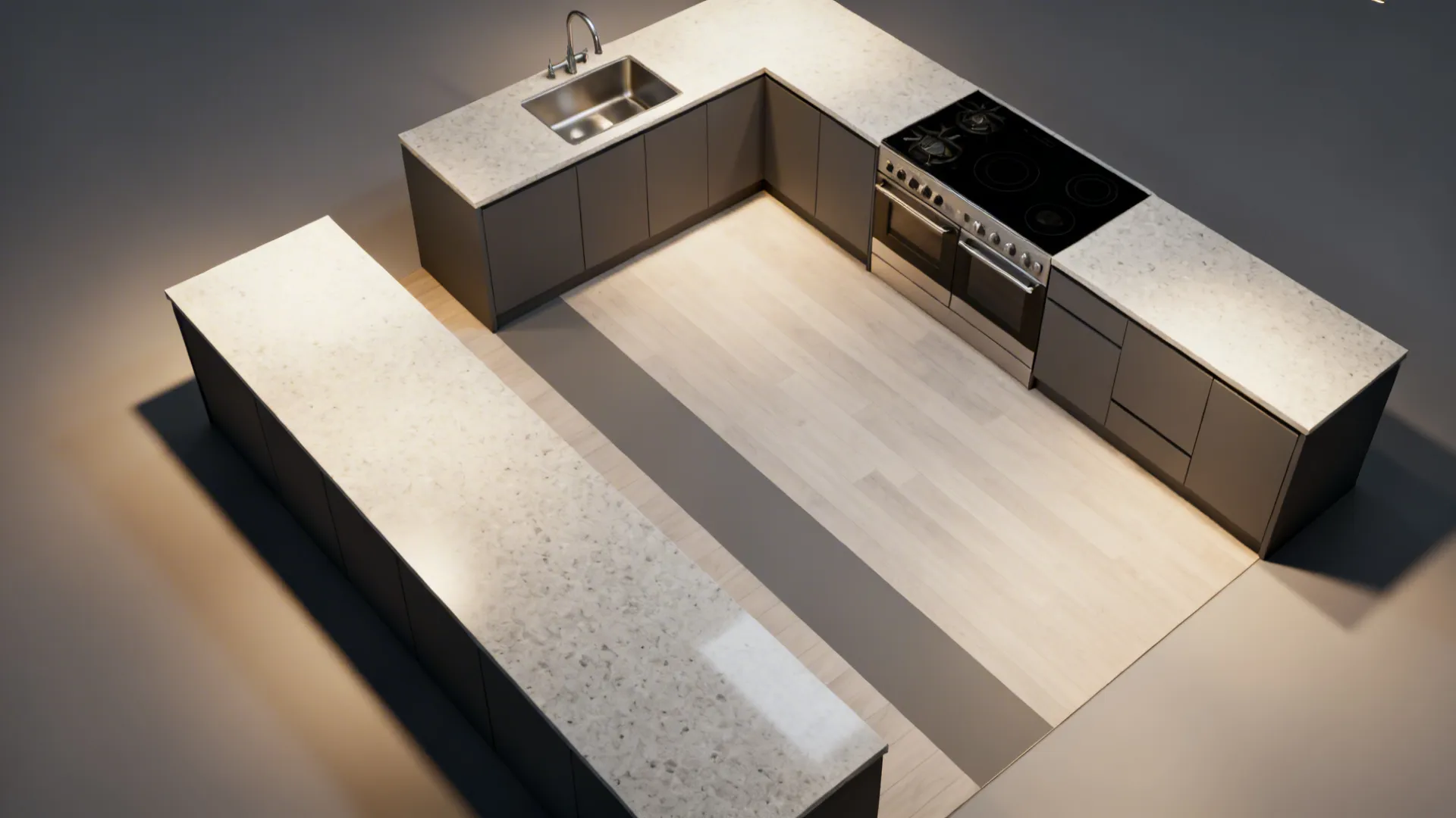 Top-down view of a compact L-shaped kitchen with defined prep and work zones.