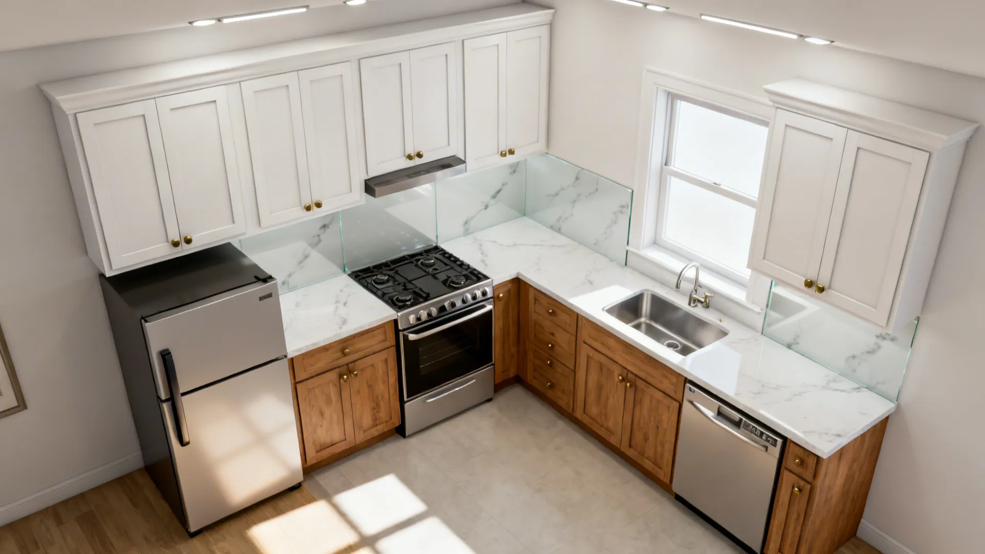 Top-down view of a compact L-shaped kitchen with right-sized appliances and clear zones.