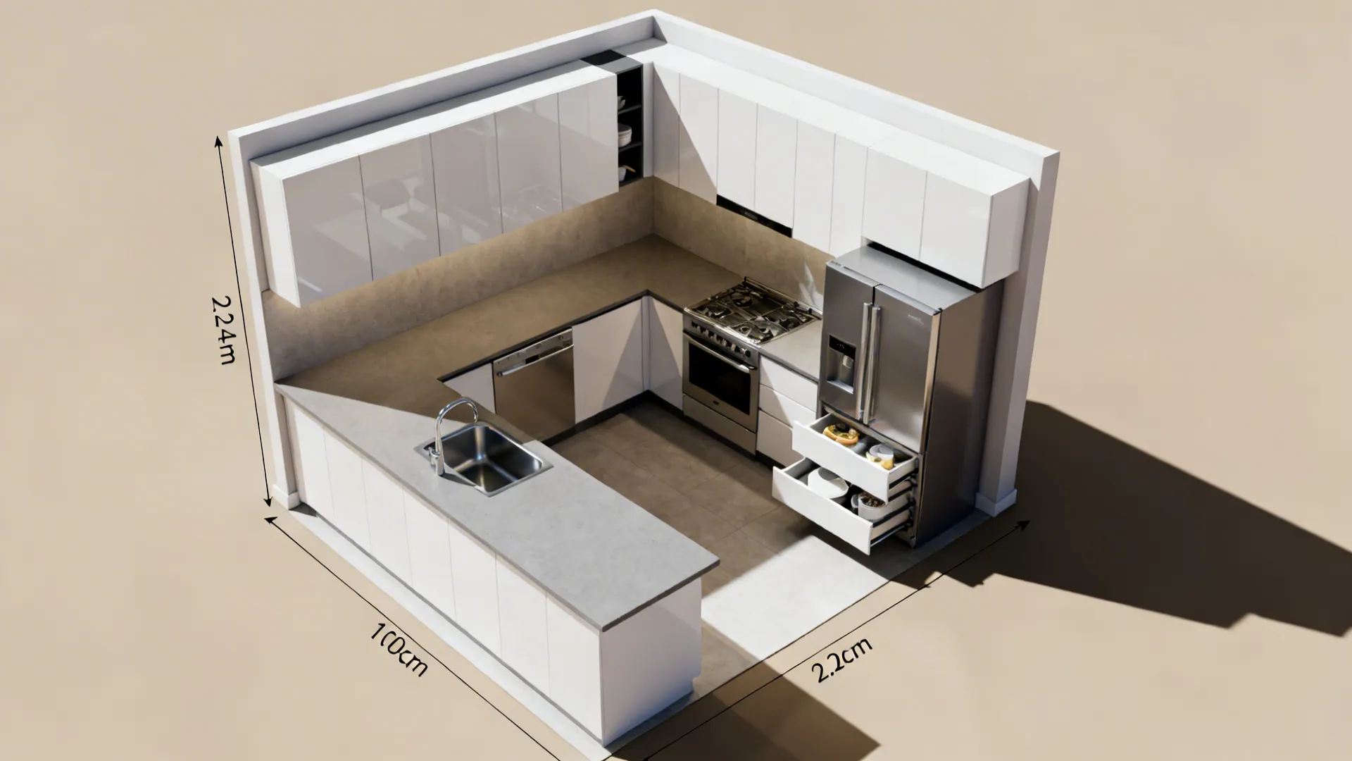 Top-down view of a compact L-shaped kitchen showing sink prep leg and cooktop storage leg.