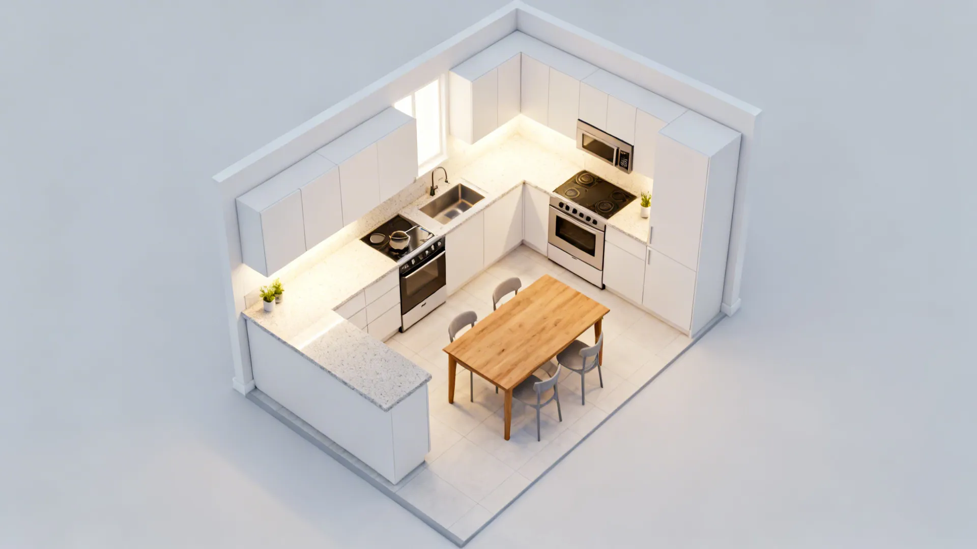 3) Flexible L-shaped layout with tuck-in dining