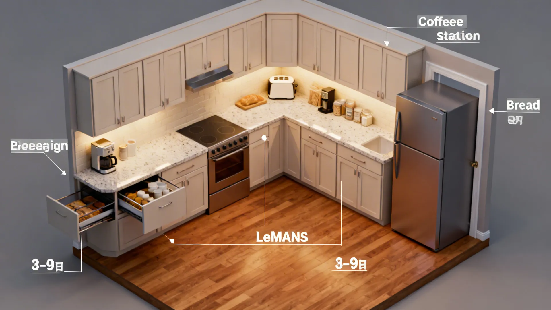 Top-down view of an L-shaped small kitchen with clear work triangle and corner pullout.