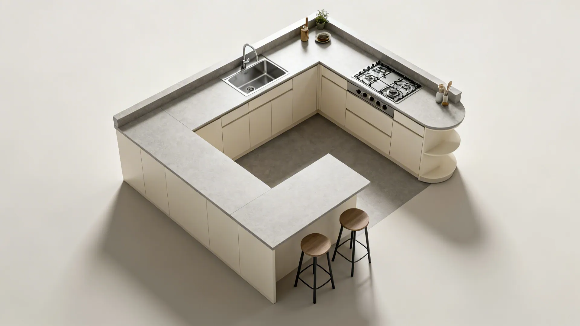 Top-down view of a compact L-shaped kitchen with continuous counters and a slim peninsula.