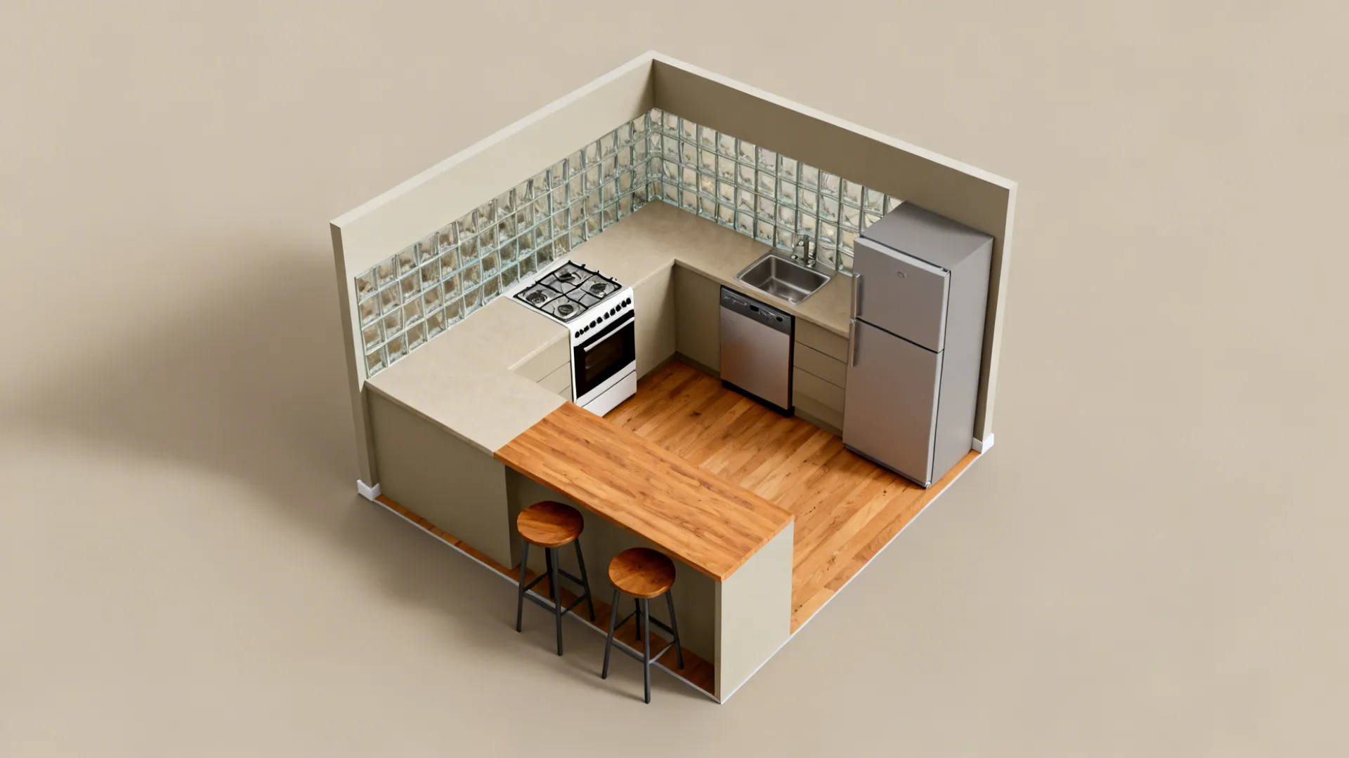 Top-down view of an L-shaped small kitchen with clear circulation and a two-stool bar.