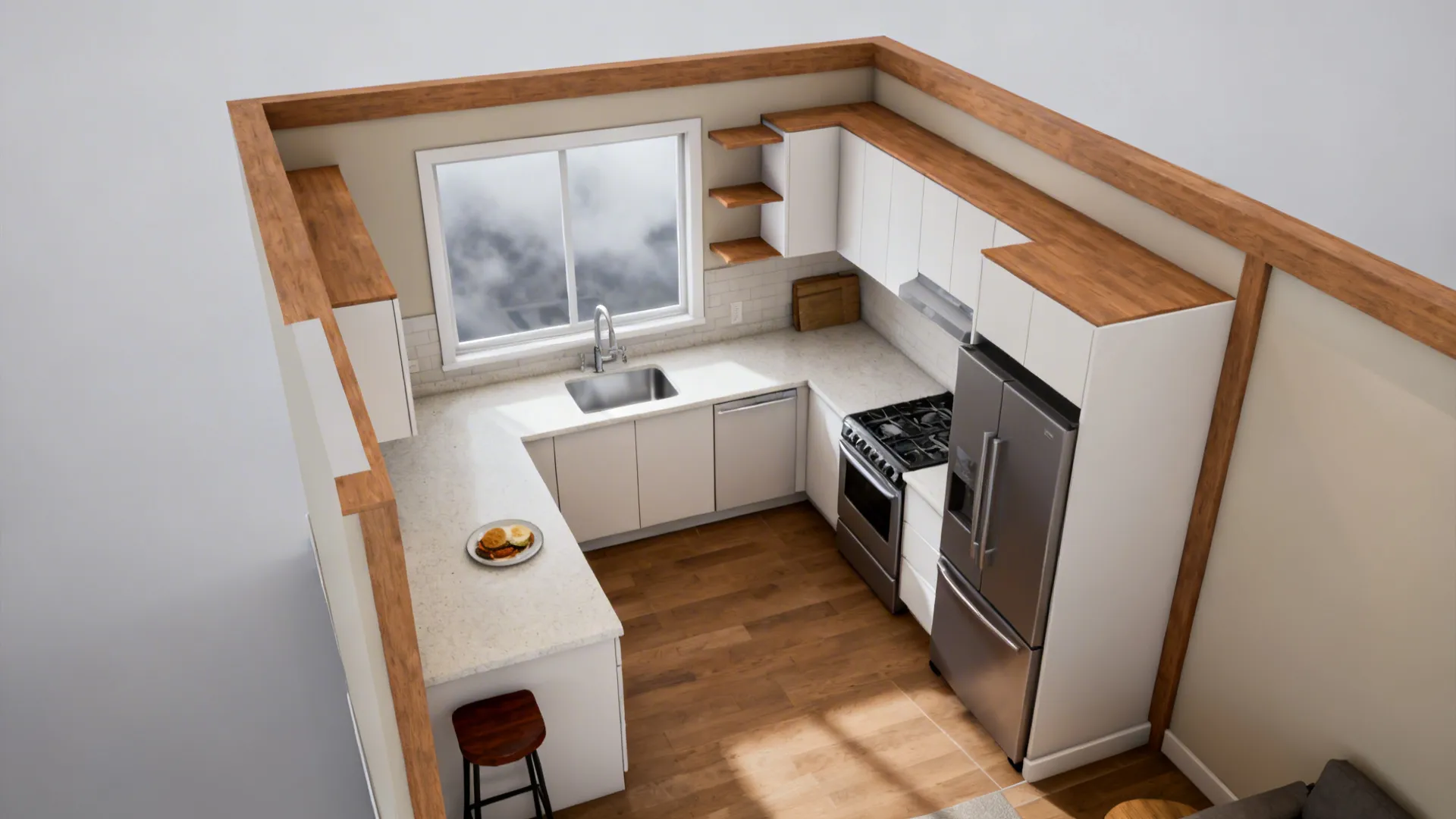 Top-down view of an L-shaped kitchen showing efficient work triangle and counter space.