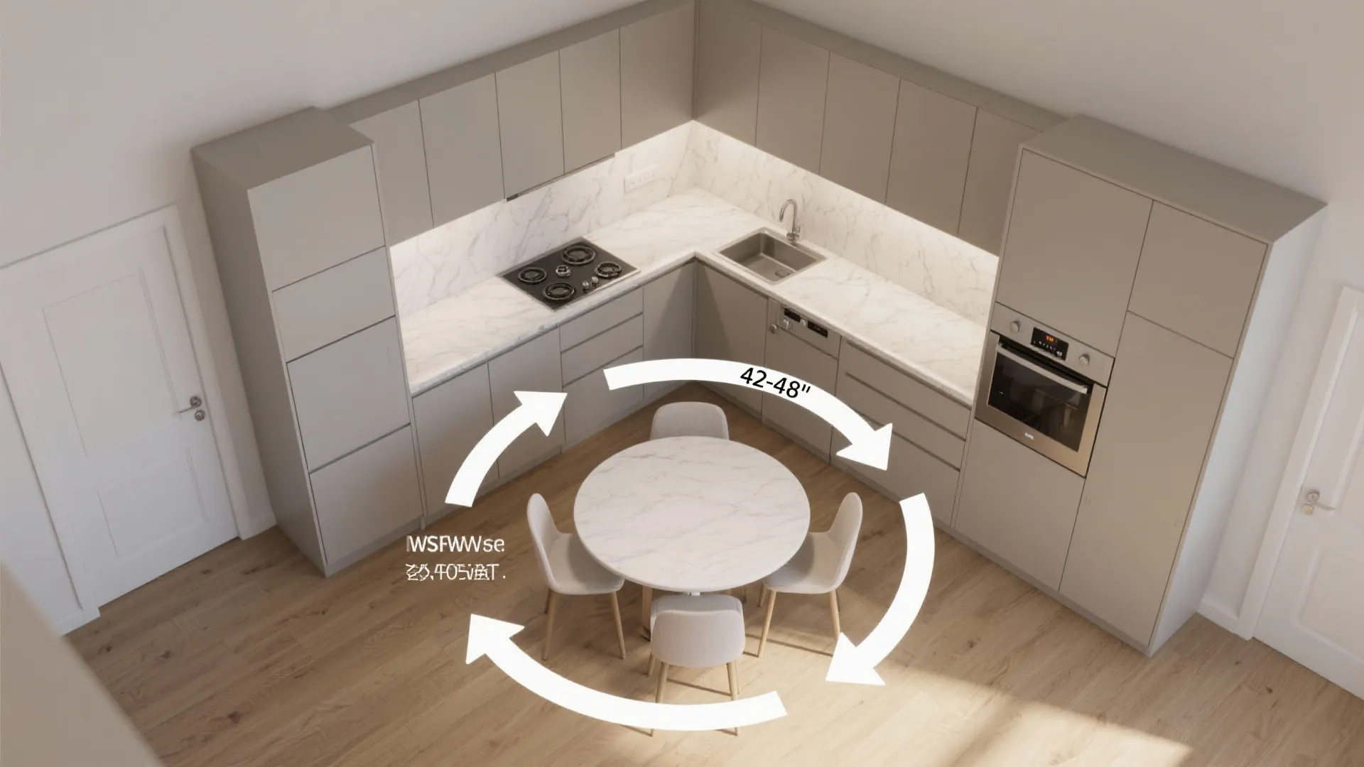 Modern L-shaped kitchen layout with grey cabinets, marble table, and arrows showing the walking space