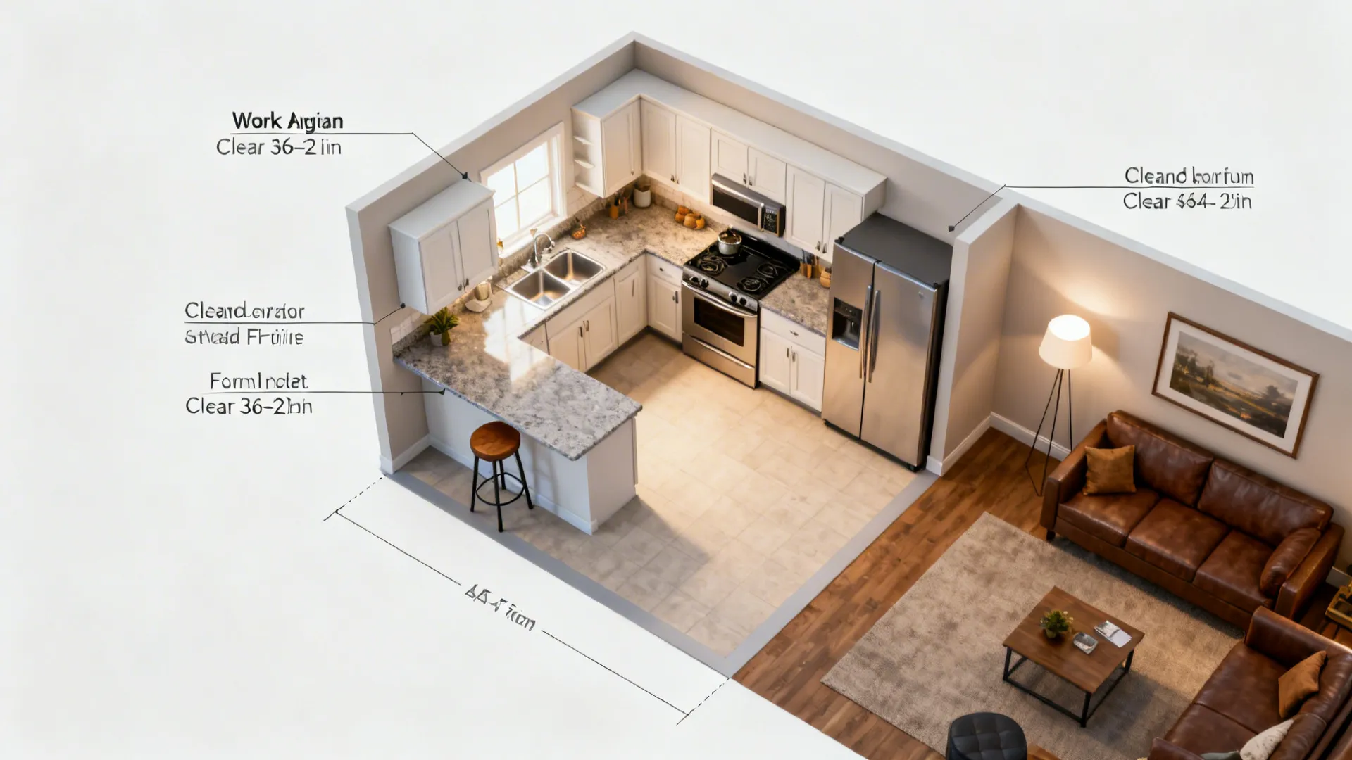 Top-down view of an L-shaped kitchen with peninsula showing clear aisles and seating.