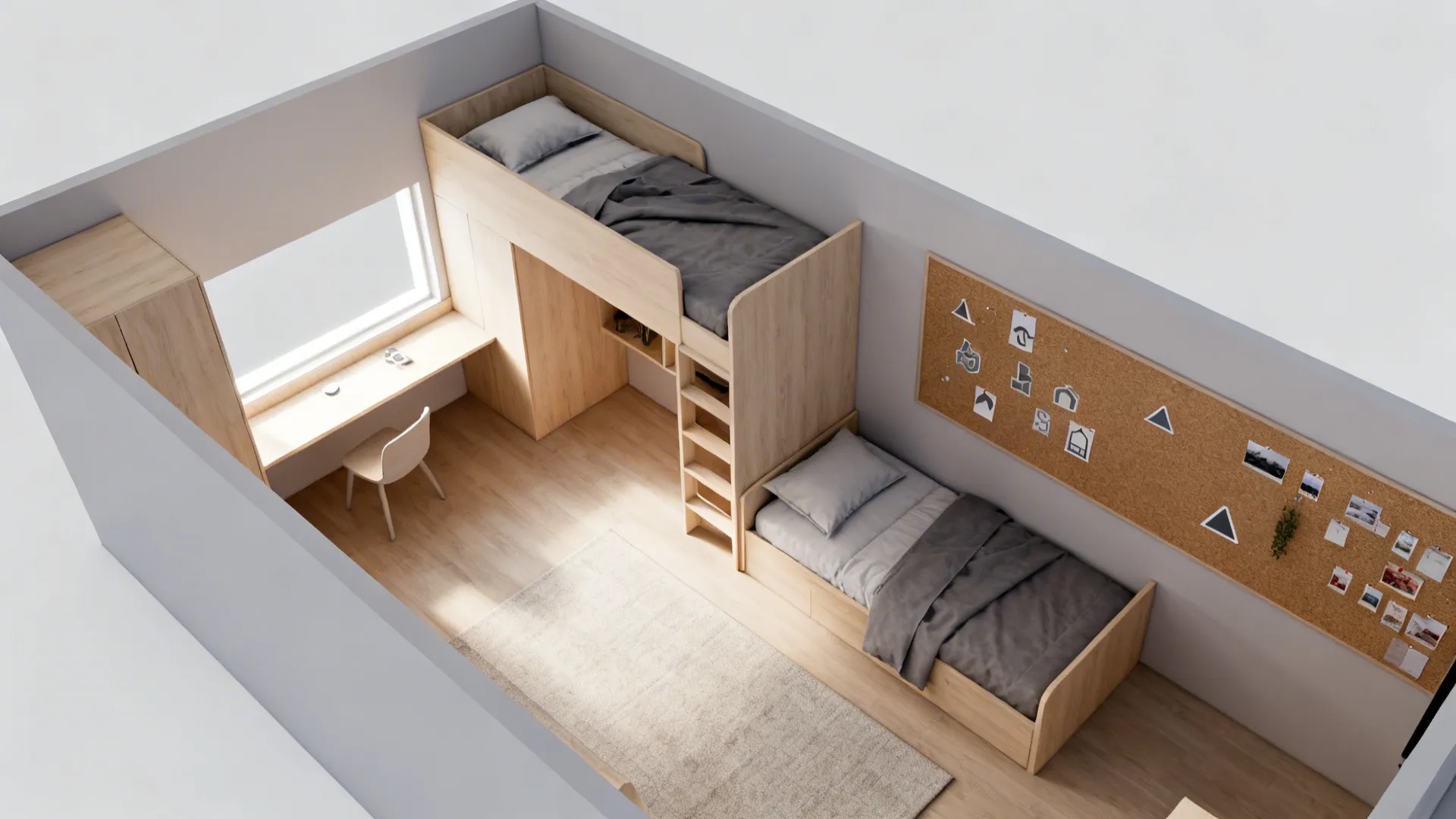 Top-down plan of an L-shaped bunk layout with a shallow desk and clear circulation.