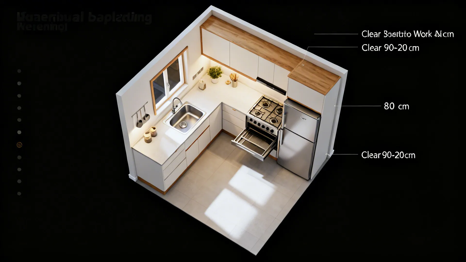 Top-down view of a compact L-shaped kitchen with a tight work triangle and clear circulation.