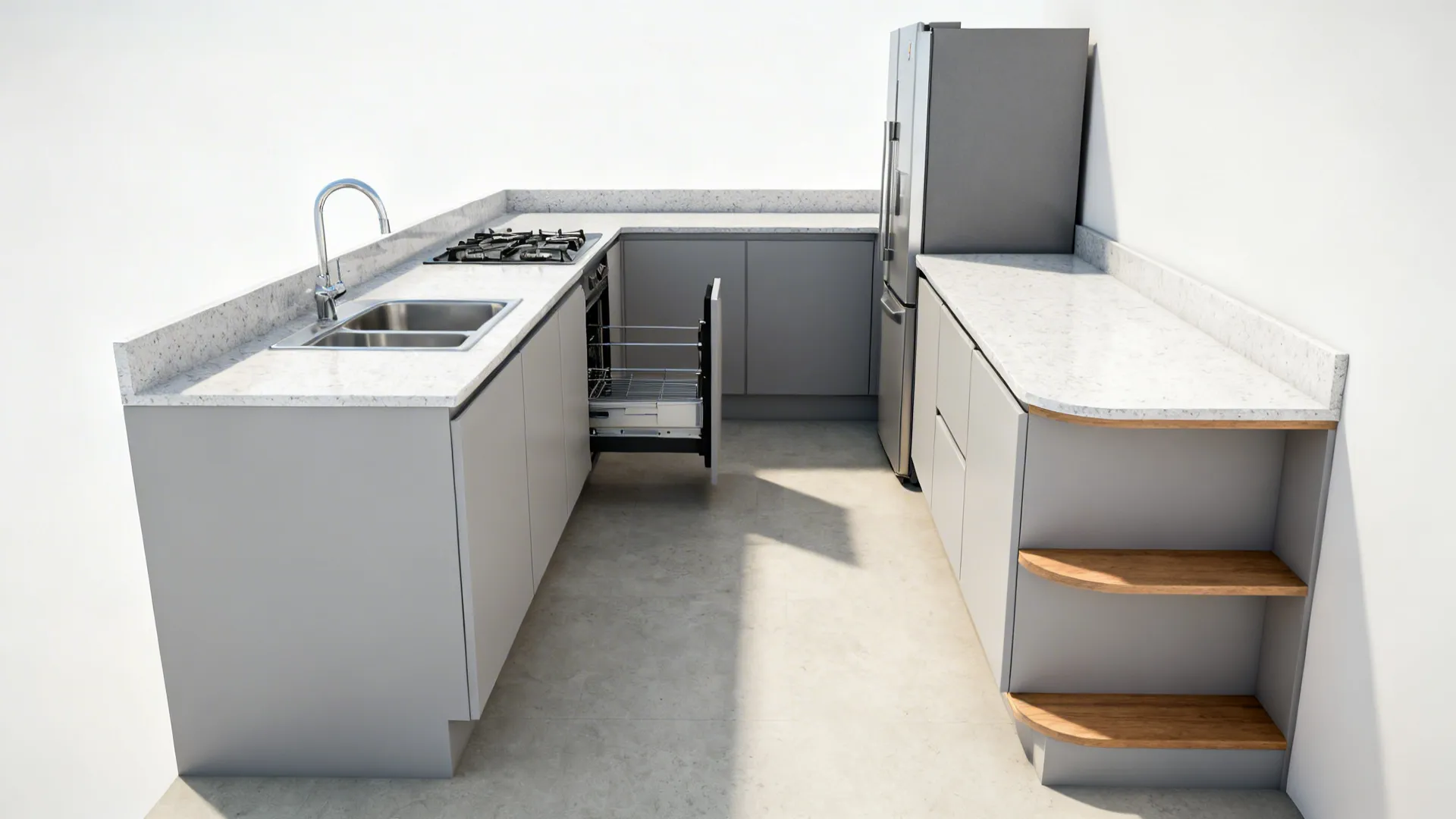 Compact L-shaped kitchen with clear work triangle and open aisle in soft daylight.