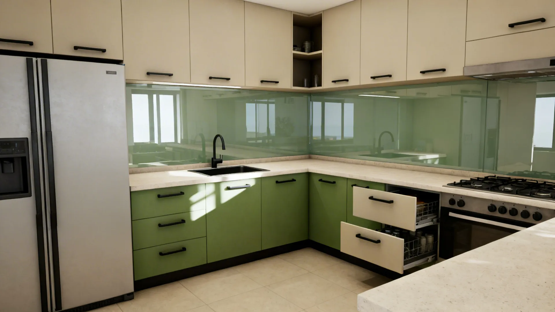 Modern L-shaped kitchen featuring green lower cabinets white upper cabinets sink oven and large silver fridge