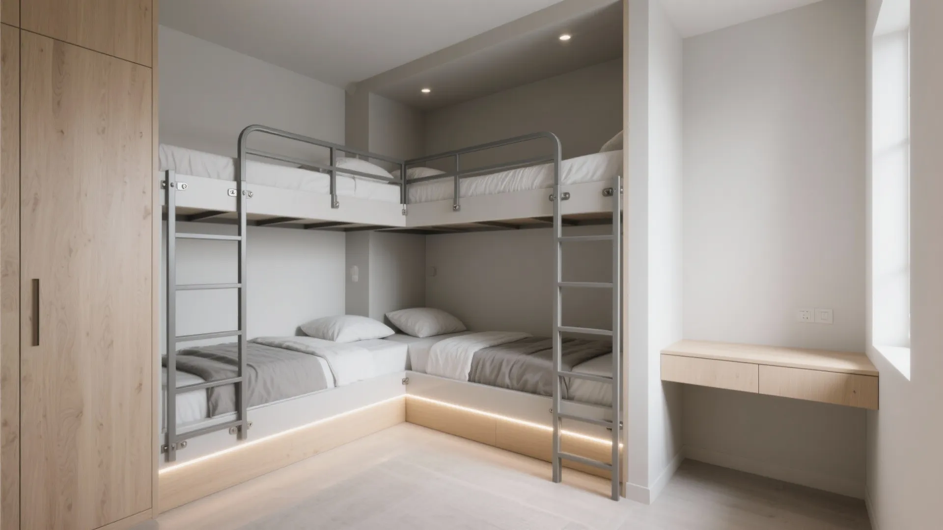 L-shaped triple bunk layout around a corner