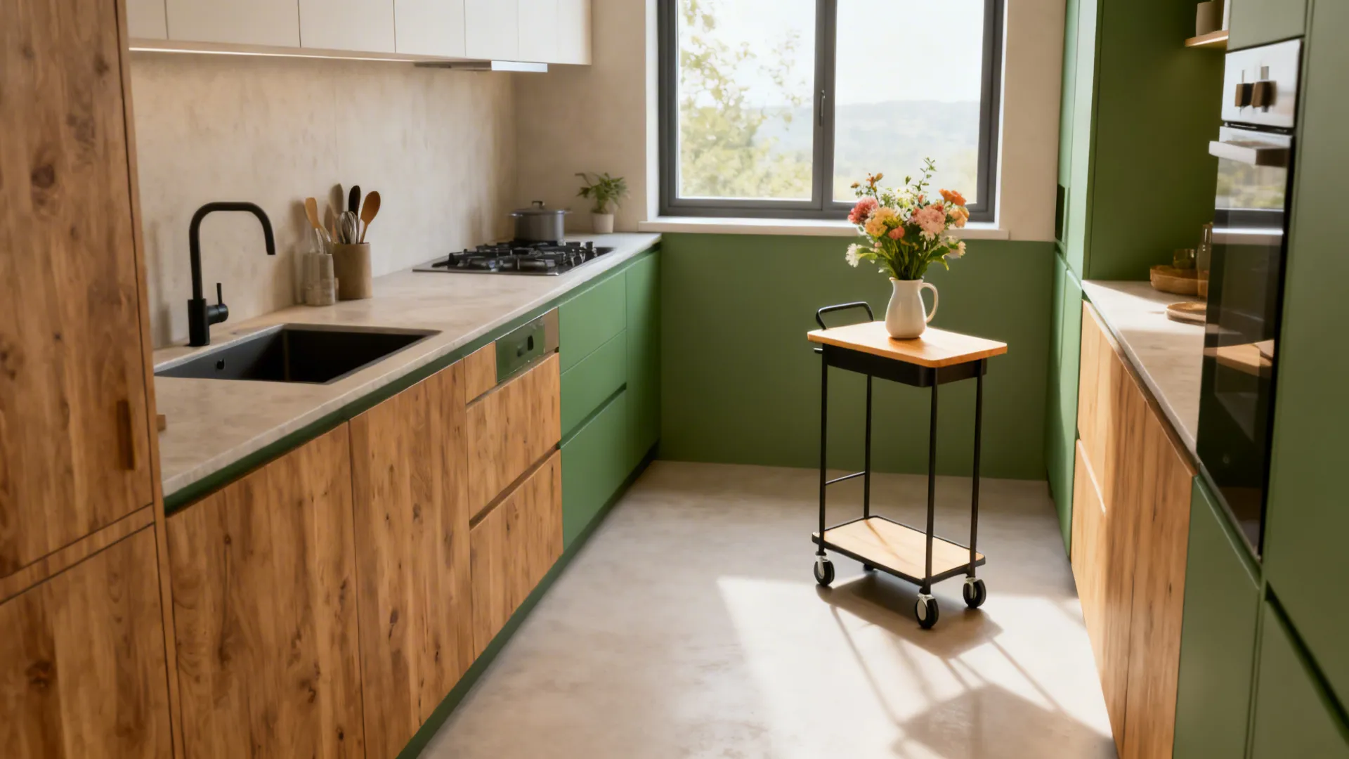 L-shaped kitchen flow with a mobile floral station