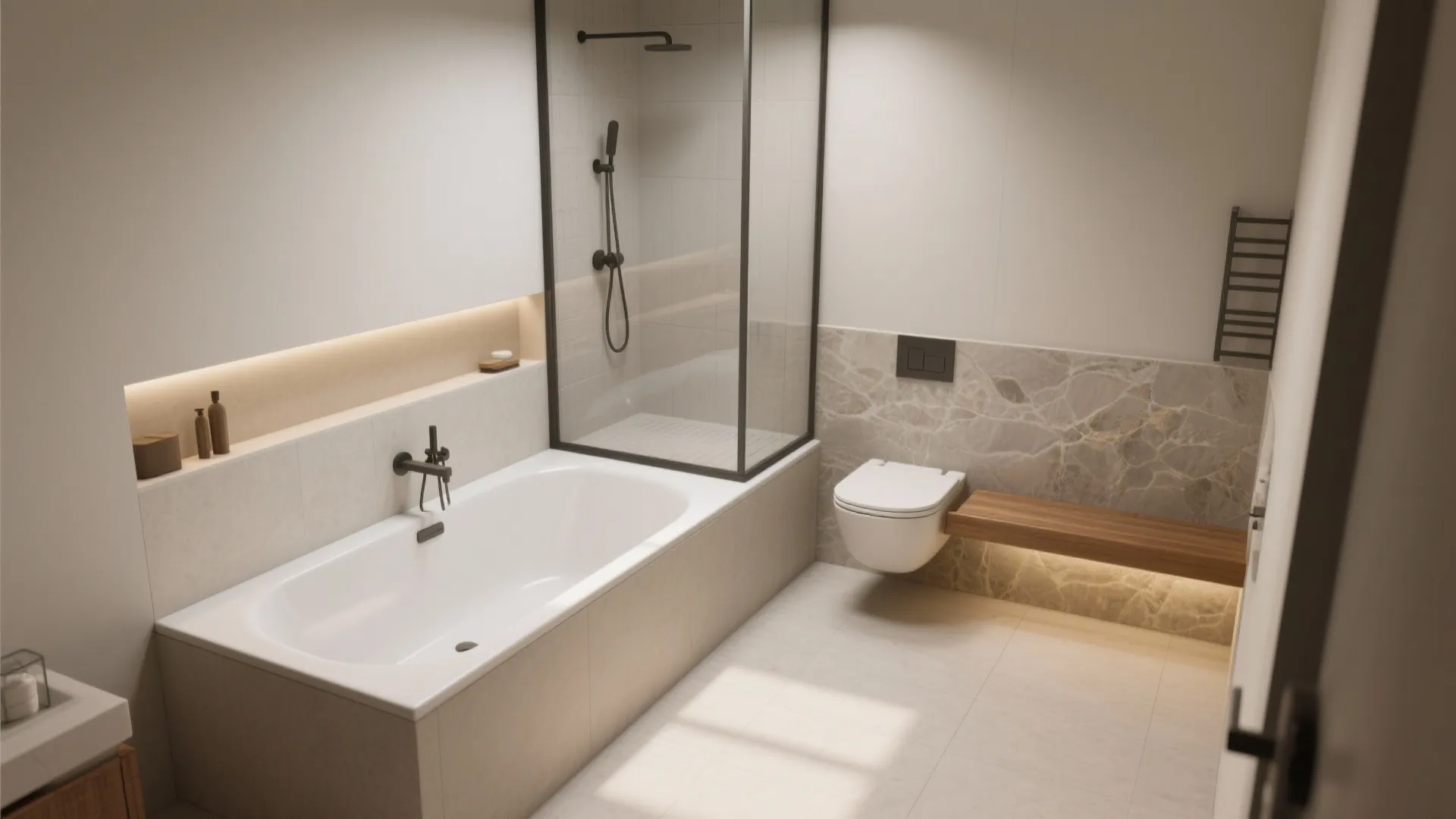 Modern bathroom design with white bathtub, glass shower box, floating toilet, and marble wall panels