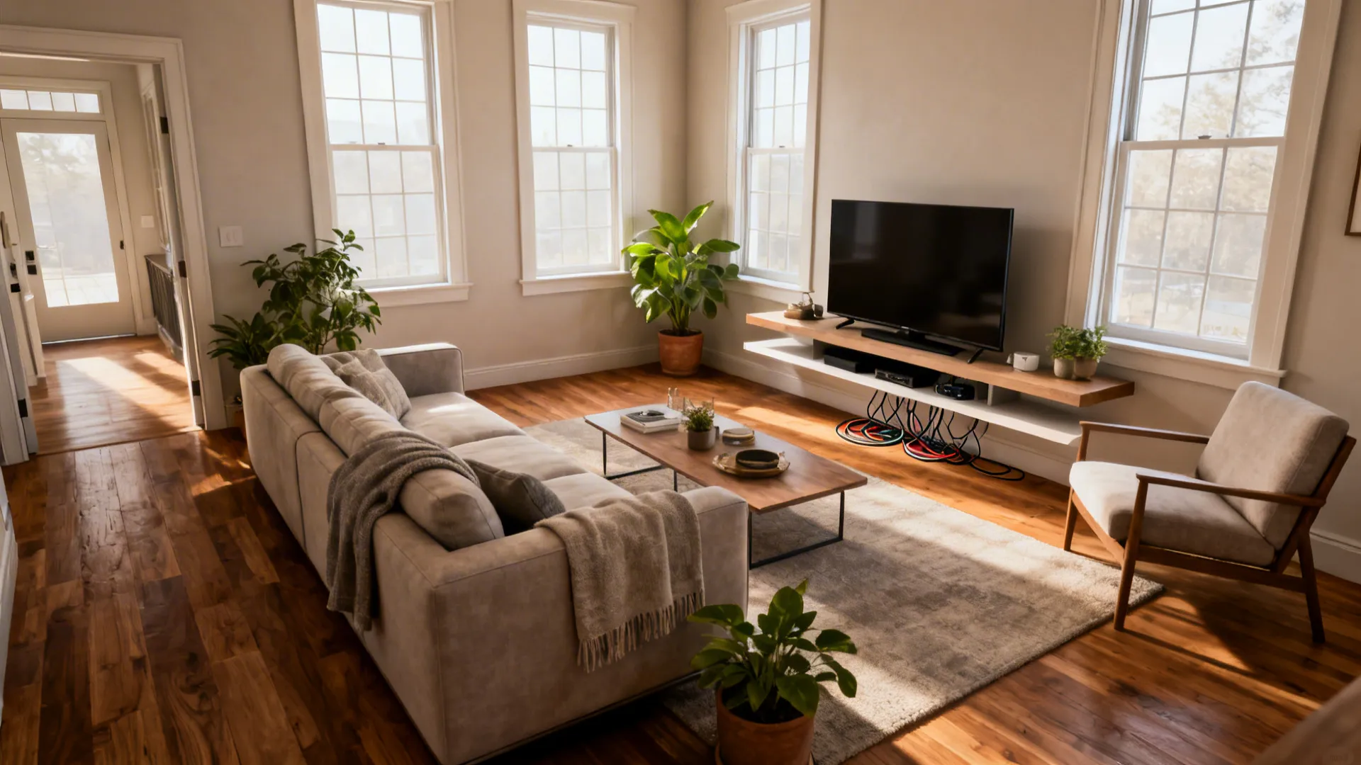 Spacious living room with grey sofa wooden coffee table and large television on a shelf