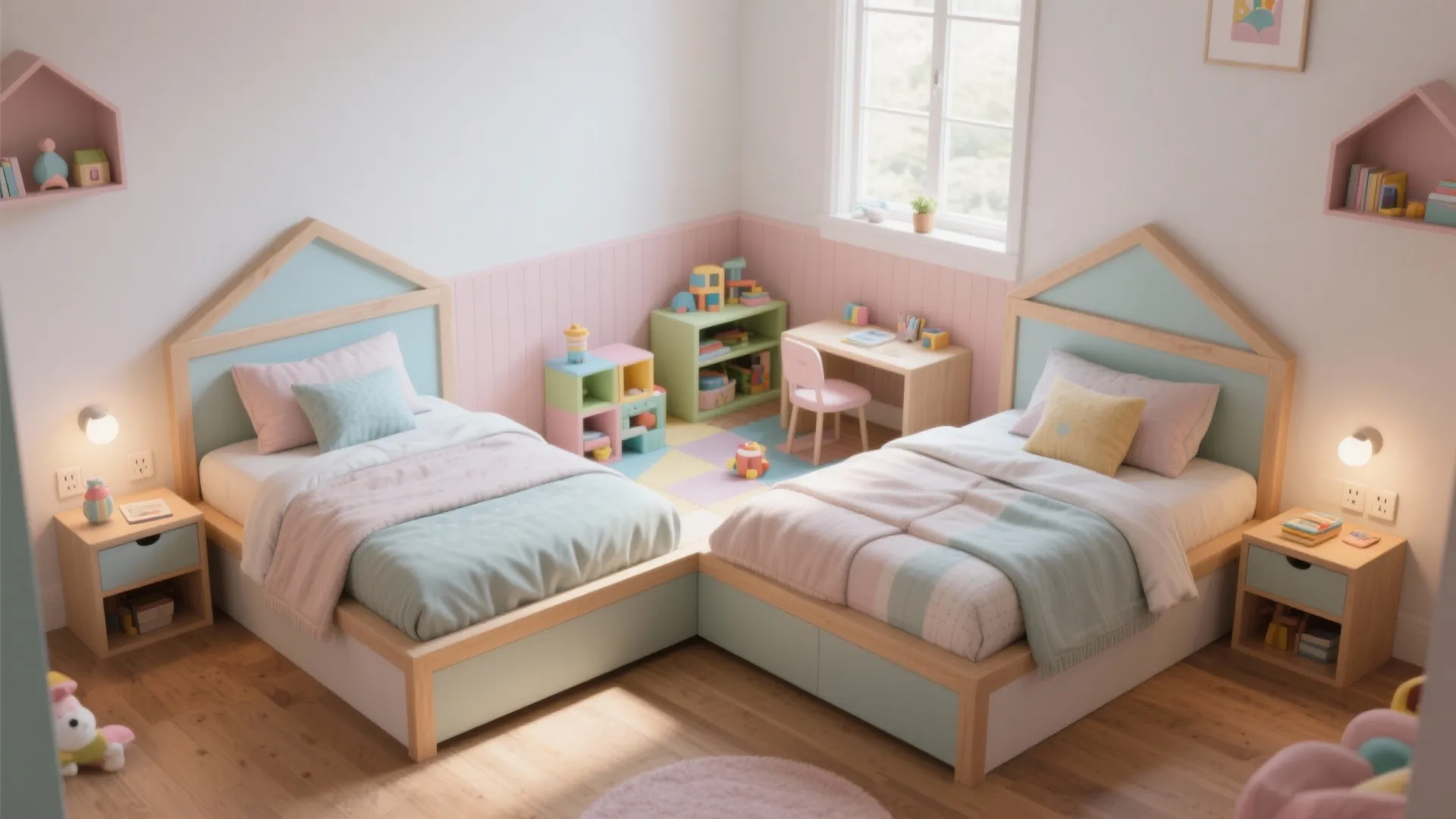 5. Corner L-shaped twins for shared kids' rooms
