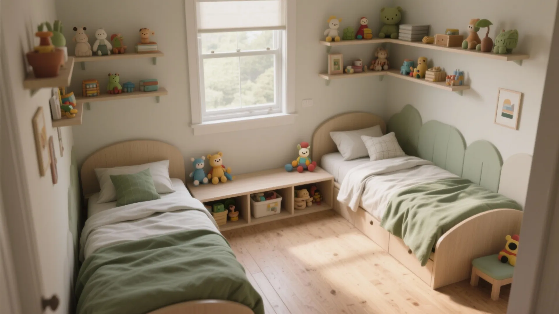 Kids bedroom with two single beds wall shelves for toys and a large window providing light