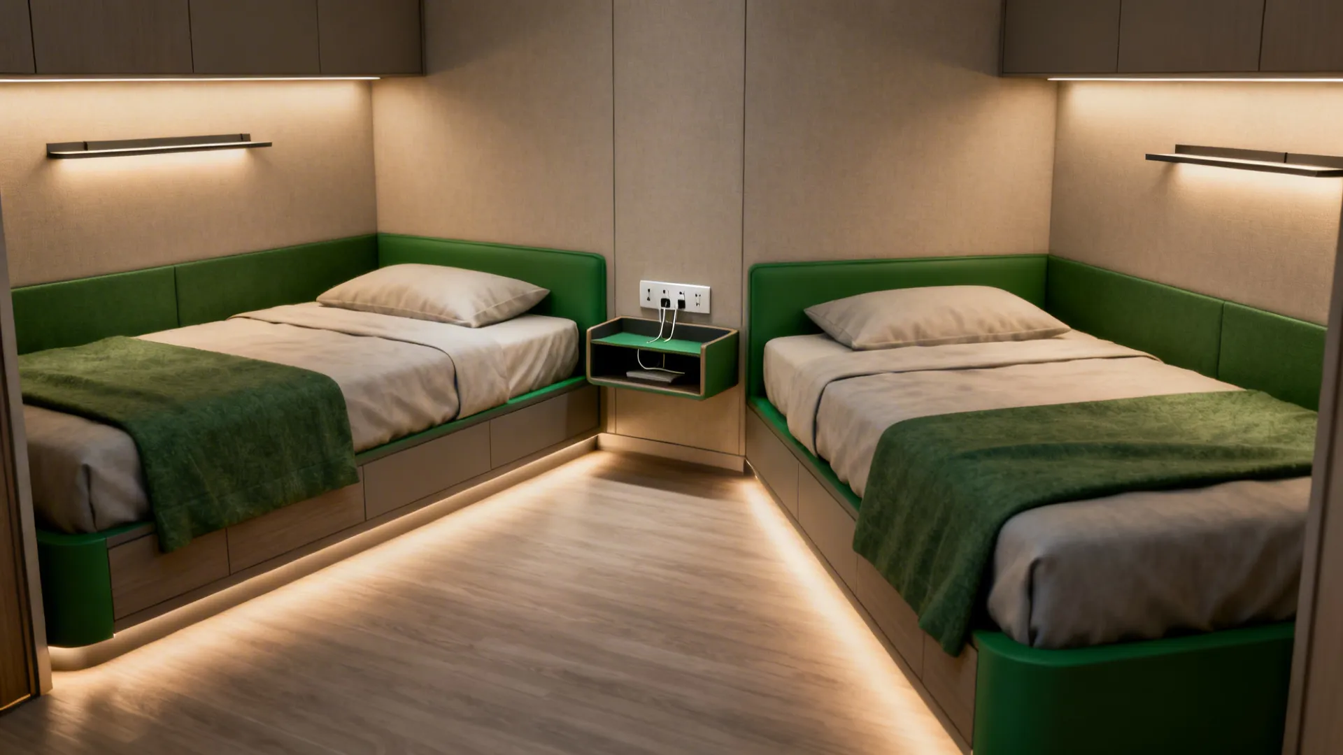 Small room with two twin beds in an L-shape and a shared bedside caddy with USB outlets.