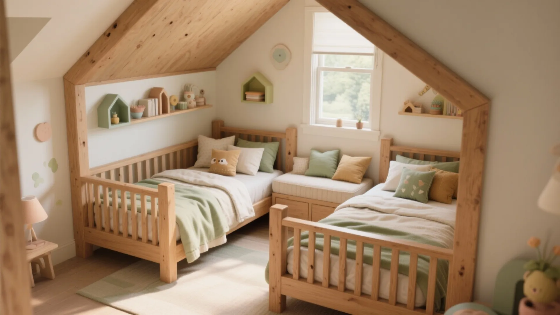 Small attic kids bedroom with two wooden beds and a window seat under sloped ceiling