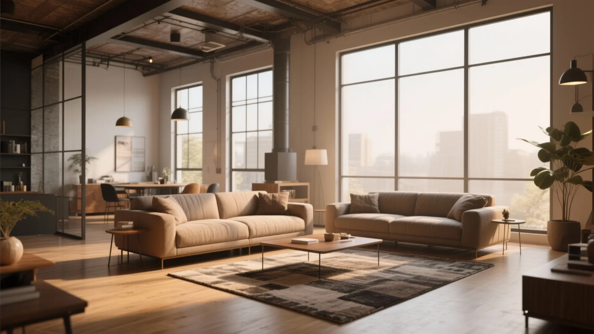 Open-plan loft with two sofas in L-shaped arrangement