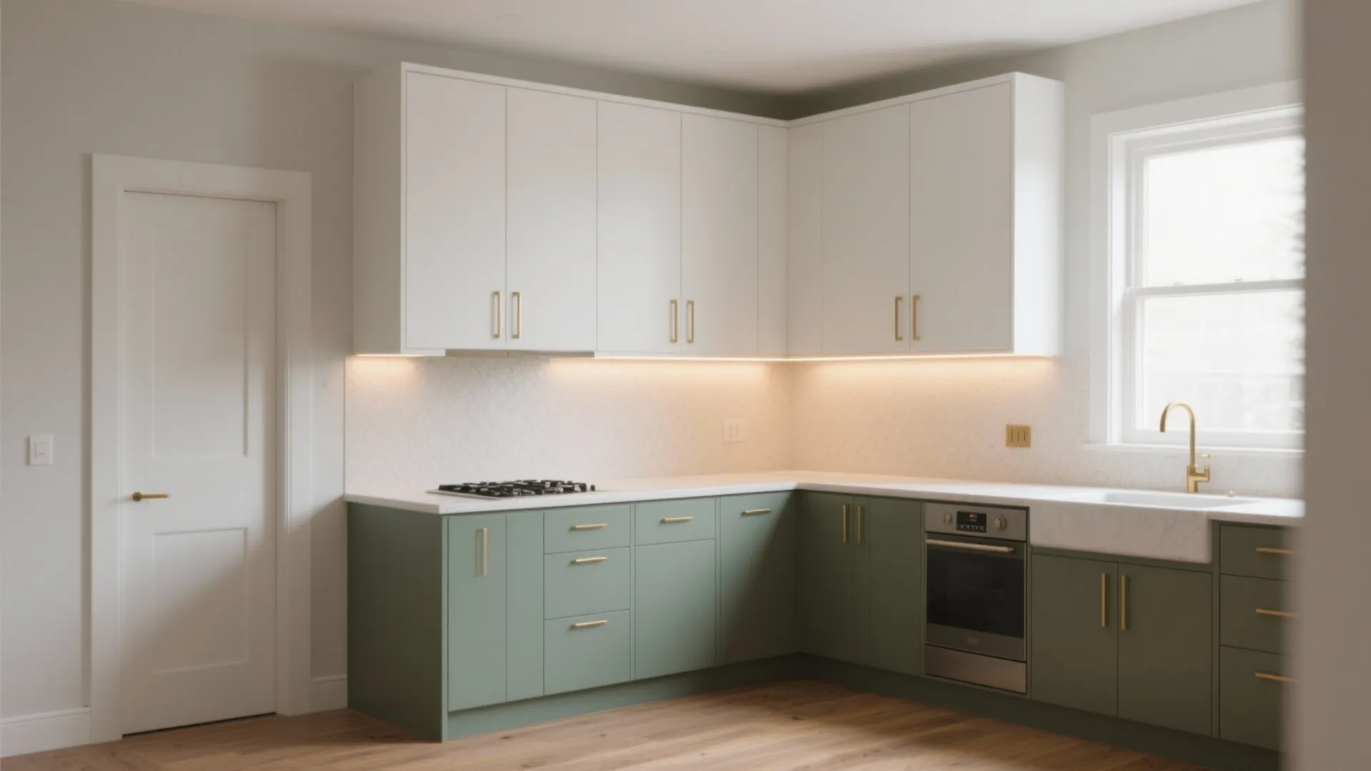 L-shaped small kitchen with two-tone cabinets