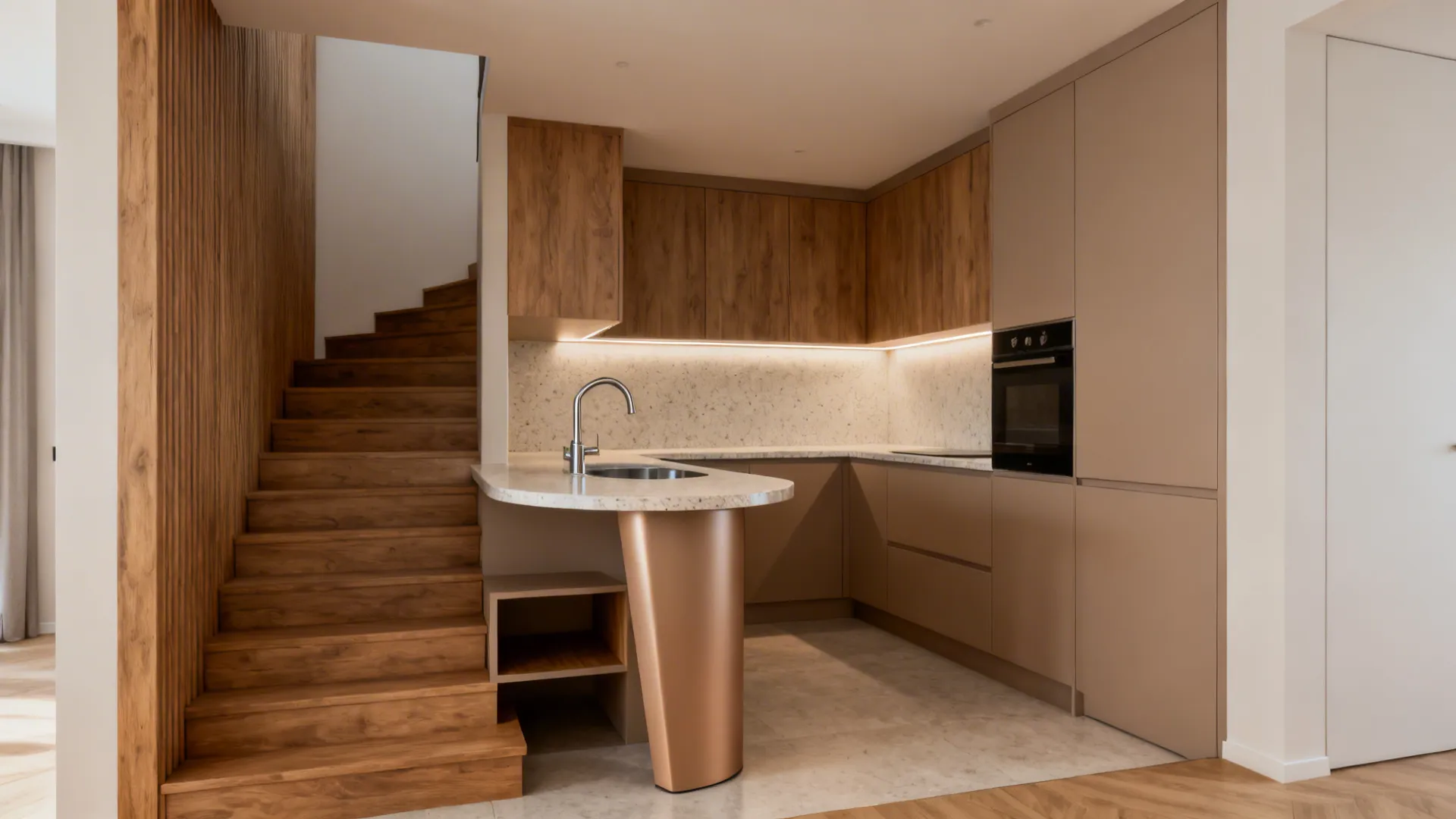 L-shaped under-stair kitchen with prep on tall wall and storage on low side