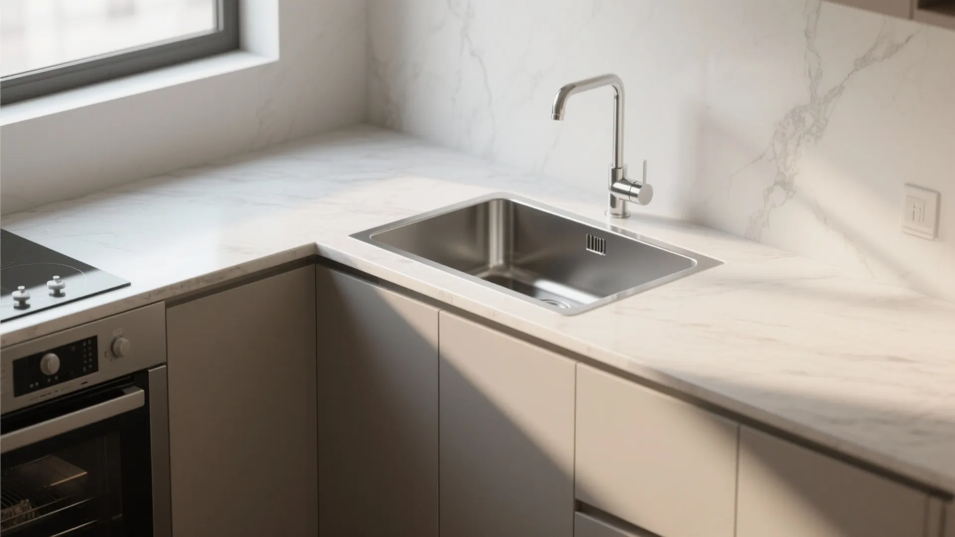 L-shaped counter with an under-mount corner sink and continuous neutral countertop in a small kitchen.