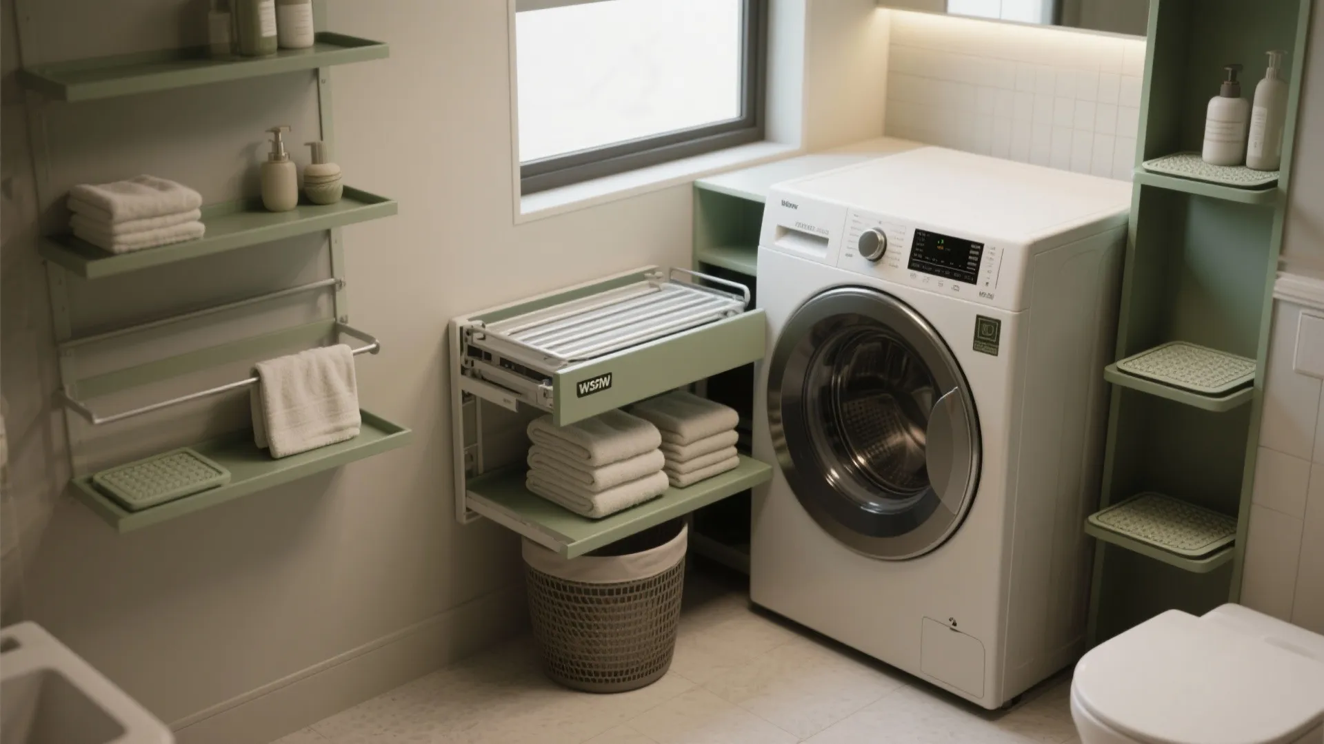 L-shaped utility corner with stacked storage