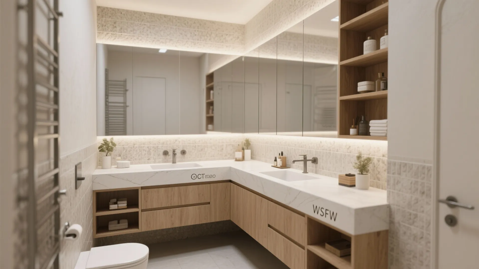 Modern bathroom with L-shaped marble counter double sinks wooden cabinets large mirror and tiled walls