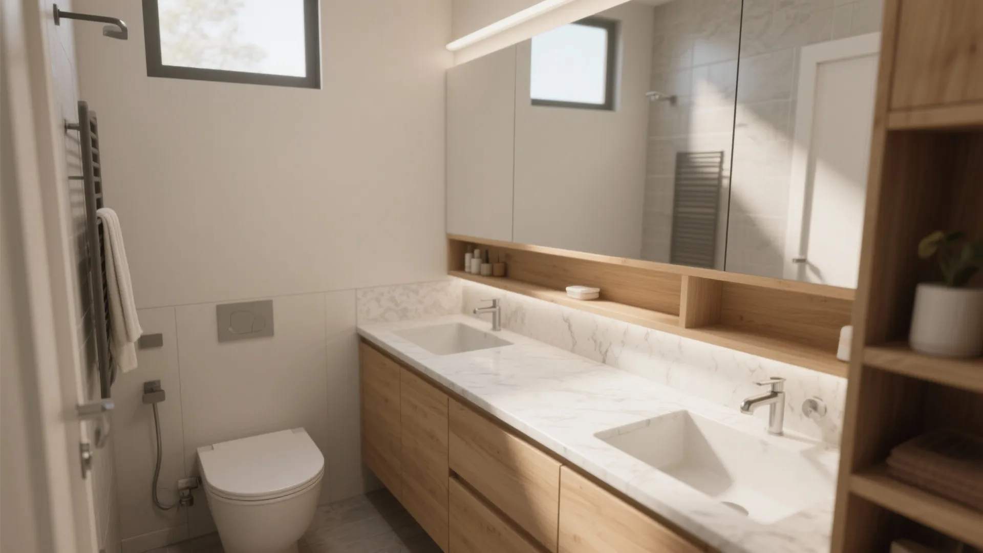Modern bathroom interior design drawing with wooden cabinet marble countertop double sinks and large mirror wall