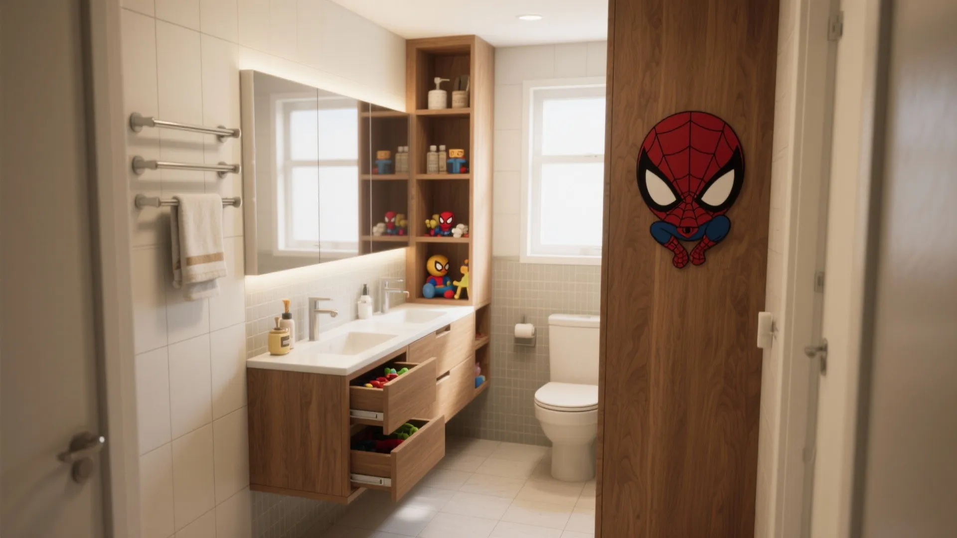 Modern bathroom with wooden cabinet double sinks large mirror white toilet and red superhero sticker