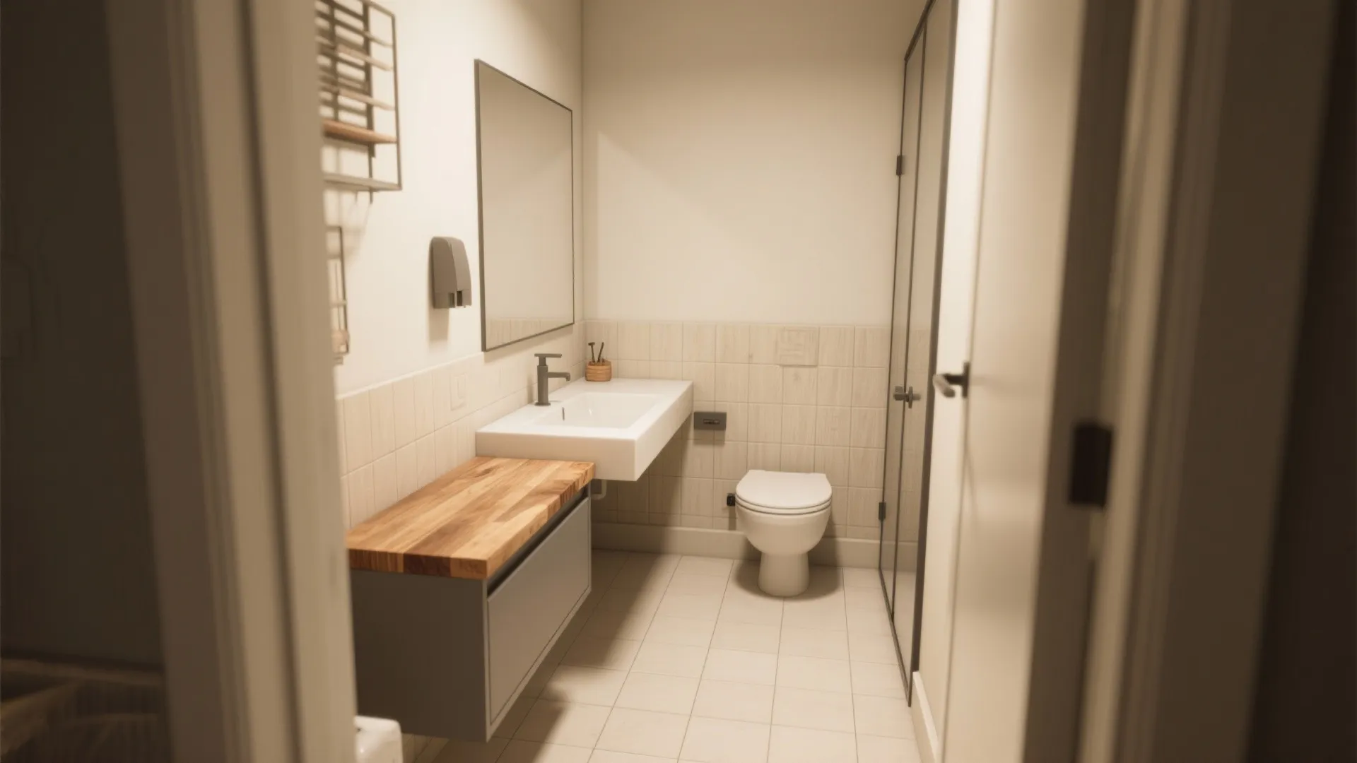 L-shaped vanity or floating console to free floor space