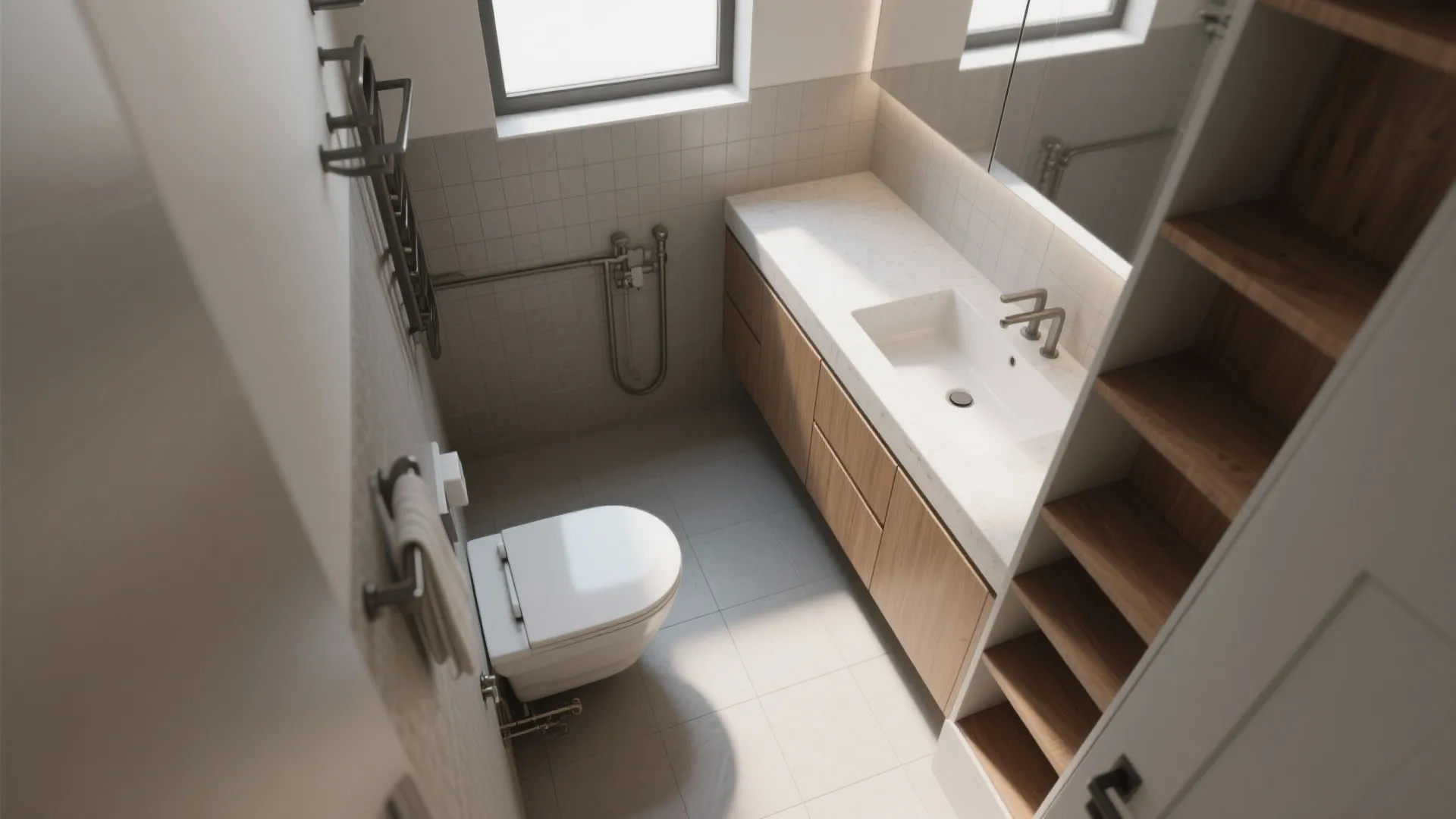 Top-down visualization of a narrow bathroom featuring an L-shaped vanity that maximizes counter space and circulation.