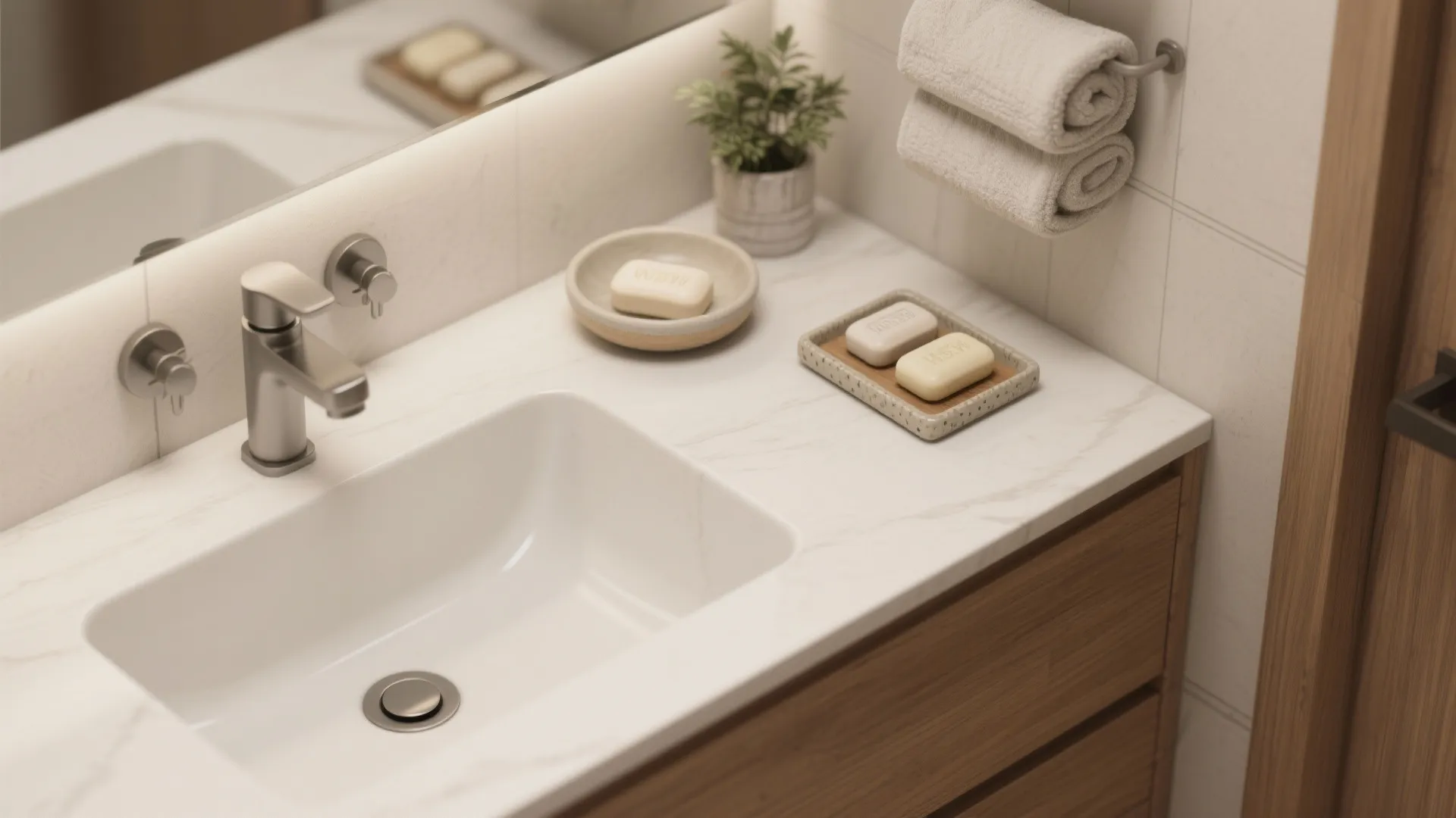 L-Shaped Vanity Arrangement with Soap Groupings