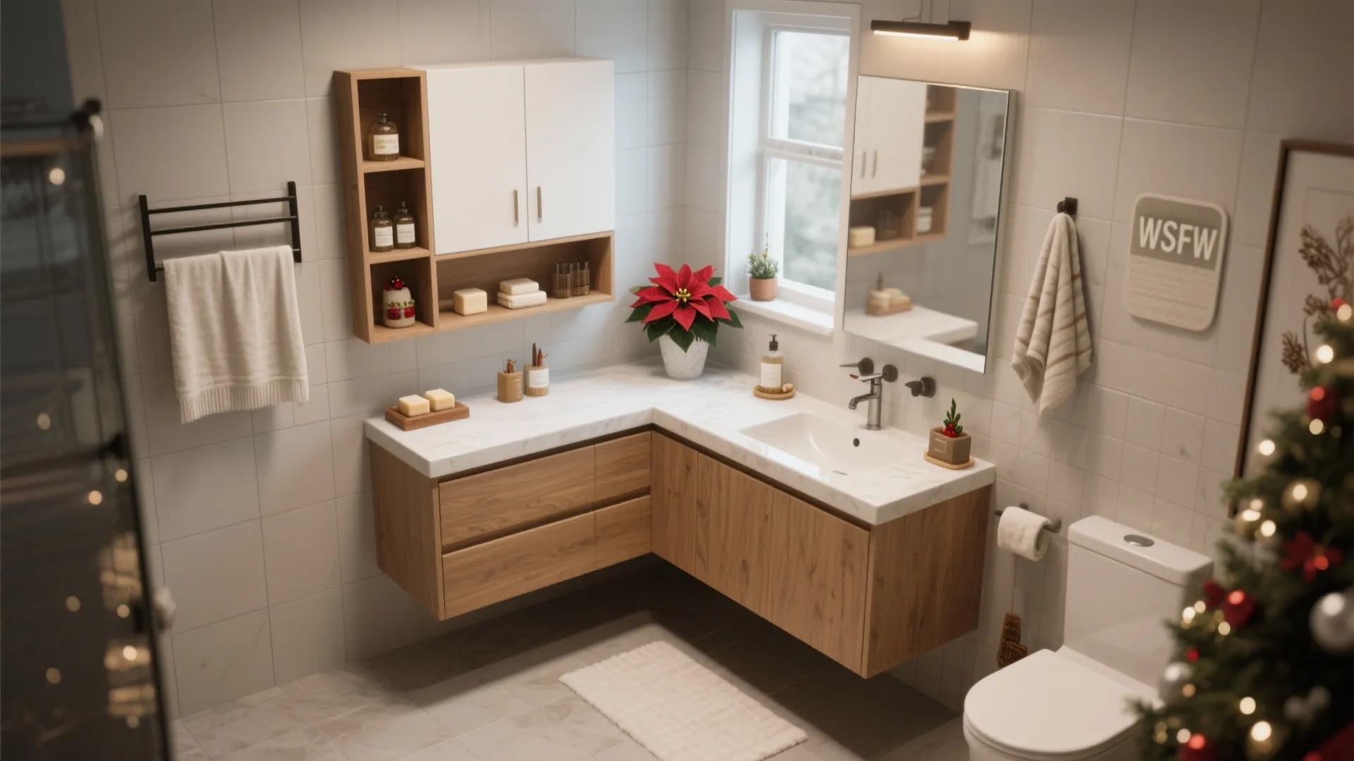 Compact bathroom with an L-shaped vanity and a small peninsula shelf styled with holiday soaps and a poinsettia.