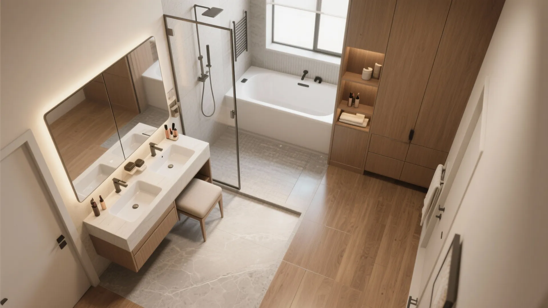 Smart wet-dry zoning with an L-shaped vanity