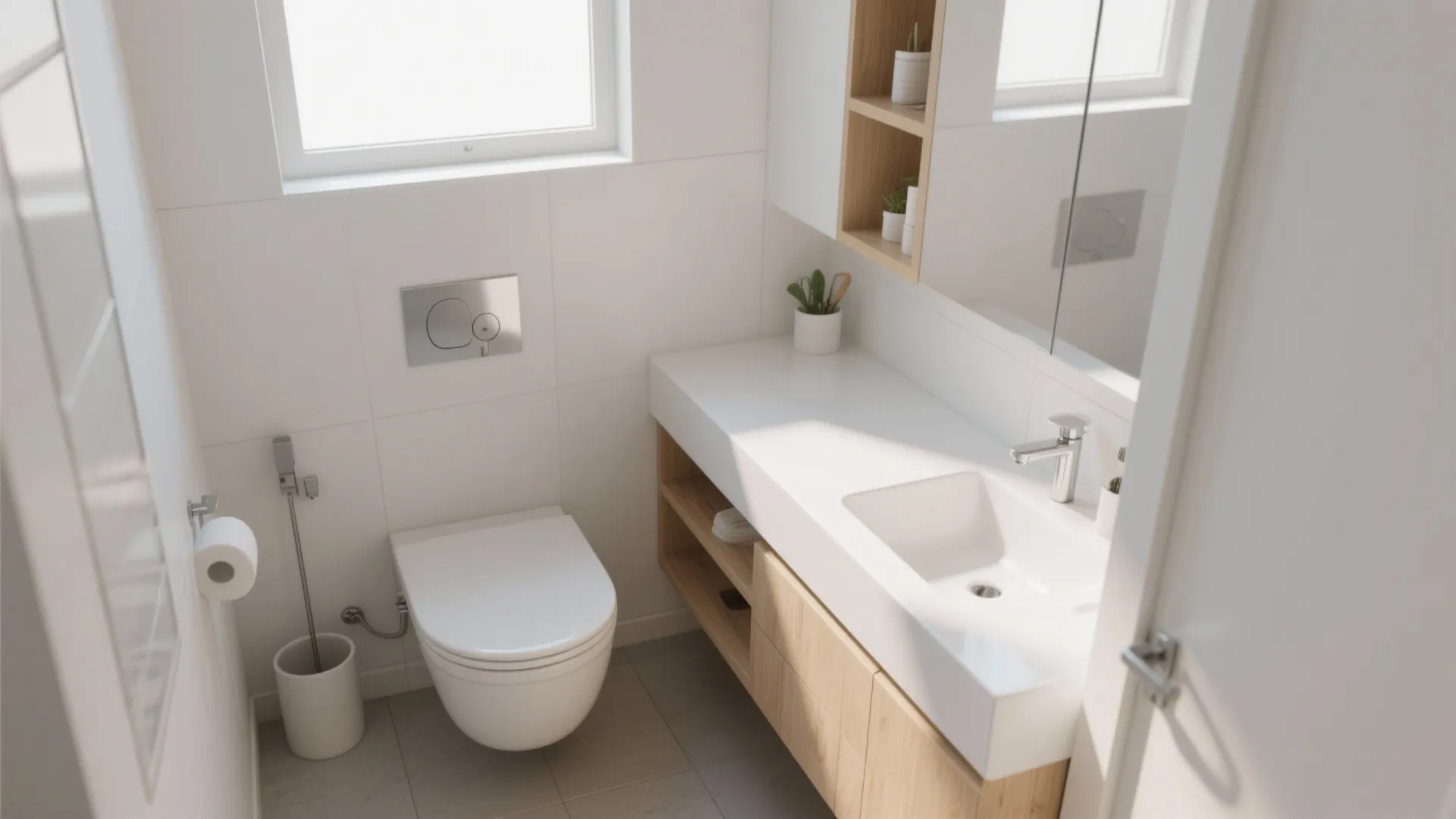 L-shaped layout of vanity and toilet in bright bathroom
