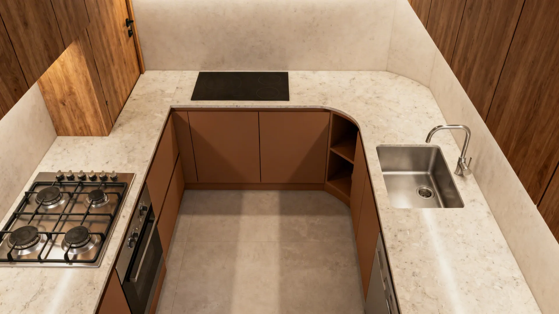 L-shaped kitchen with southeast cooktop and northeast sink in warm wood and quartz finishes.
