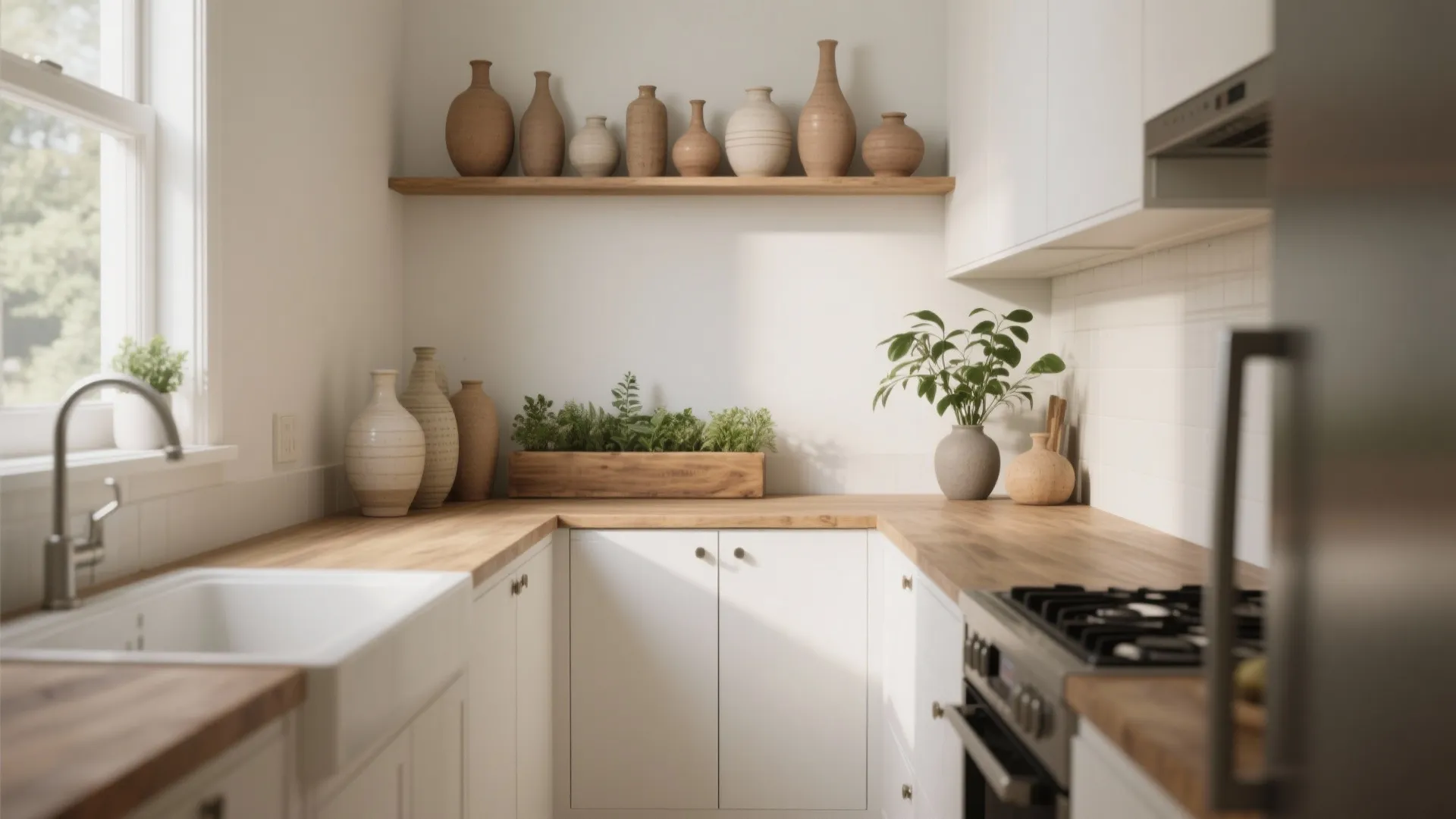 L-shaped layout with decorative above-cabinet zones