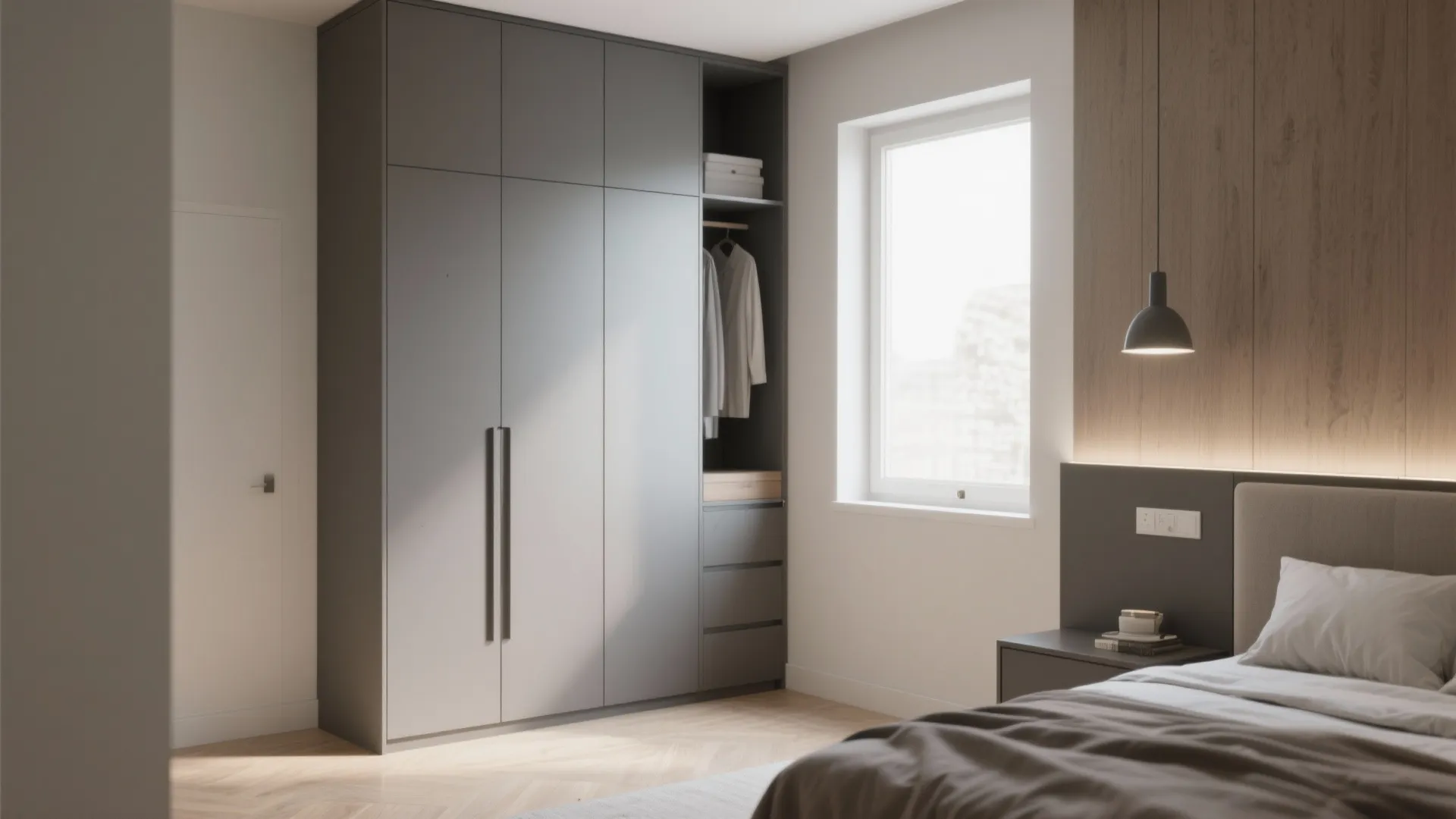 Modern grey built in bedroom cabinet with long handles next to a window and bed