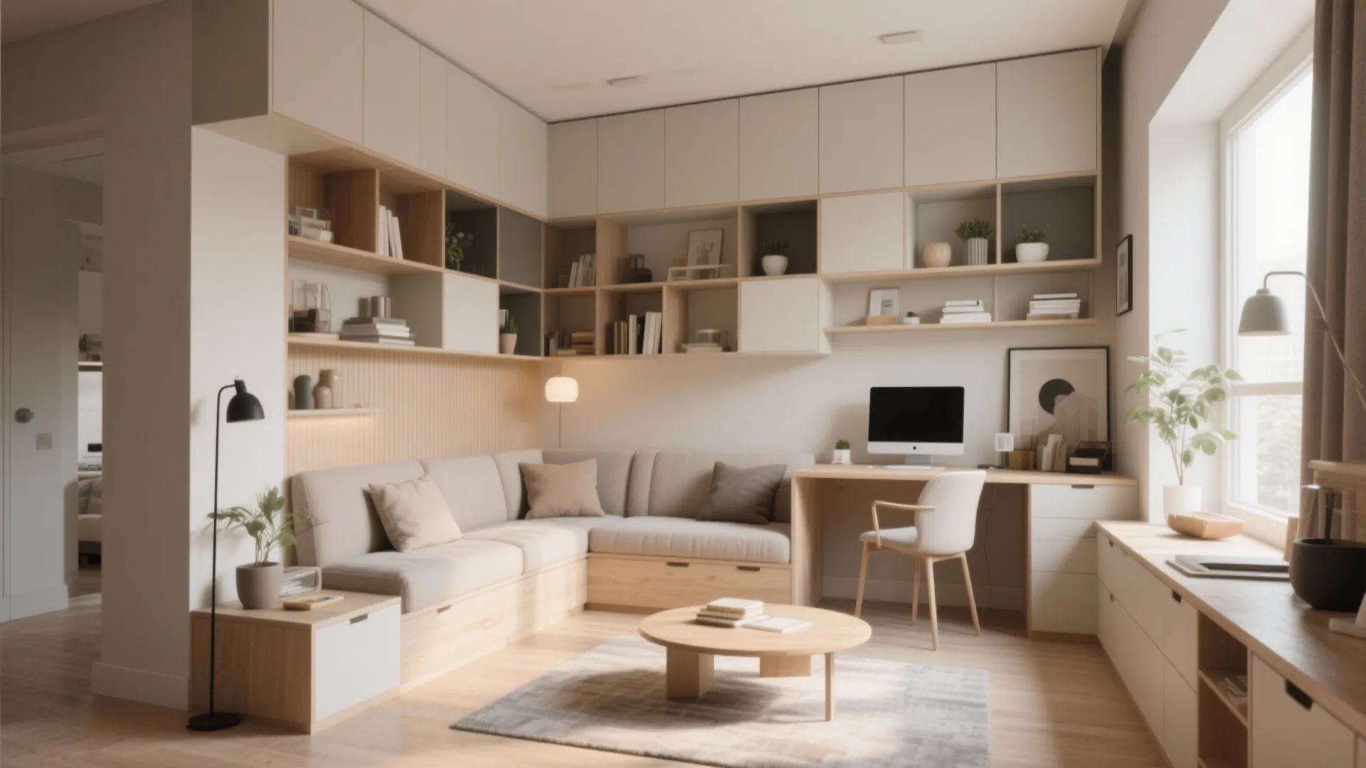 Modern study area with corner sofa wooden desk wall shelves computer round table and floor lamp