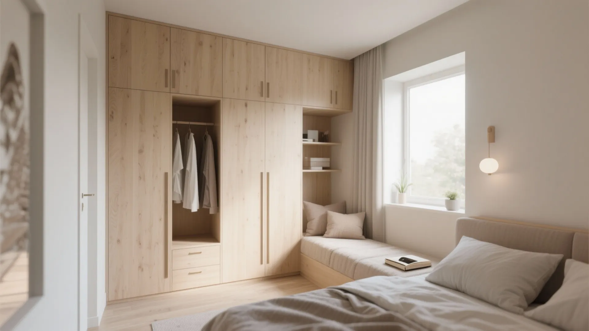 Modern bedroom with wooden L-shaped wardrobe built around a window and matching comfortable daybed furniture