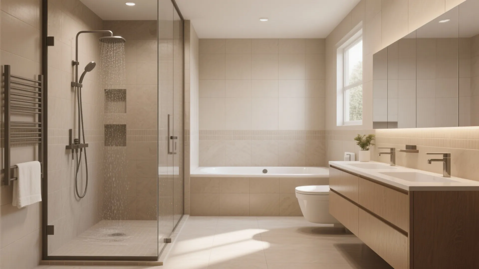 L-shaped wet zone with bath and shower along walls