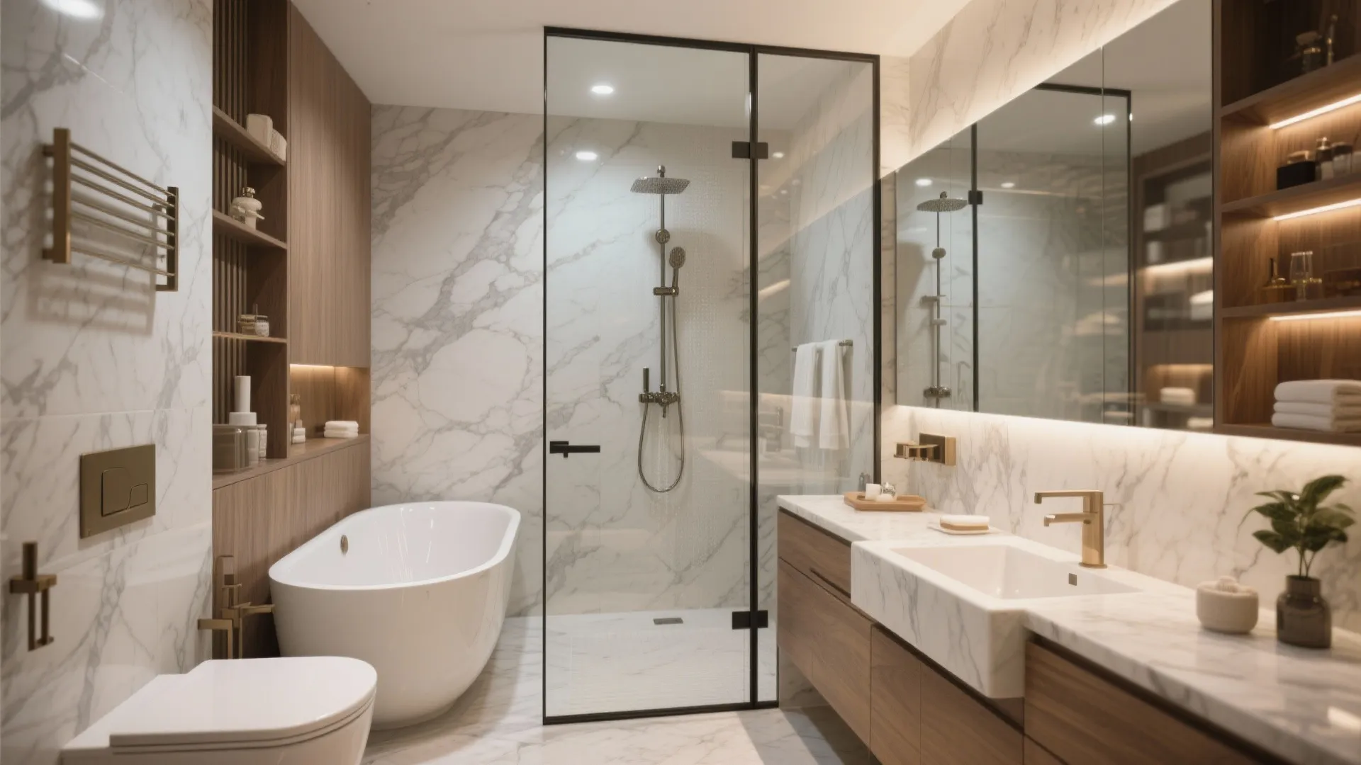 Luxury bathroom featuring marble walls glass shower white bathtub wooden cabinet large mirror and towels